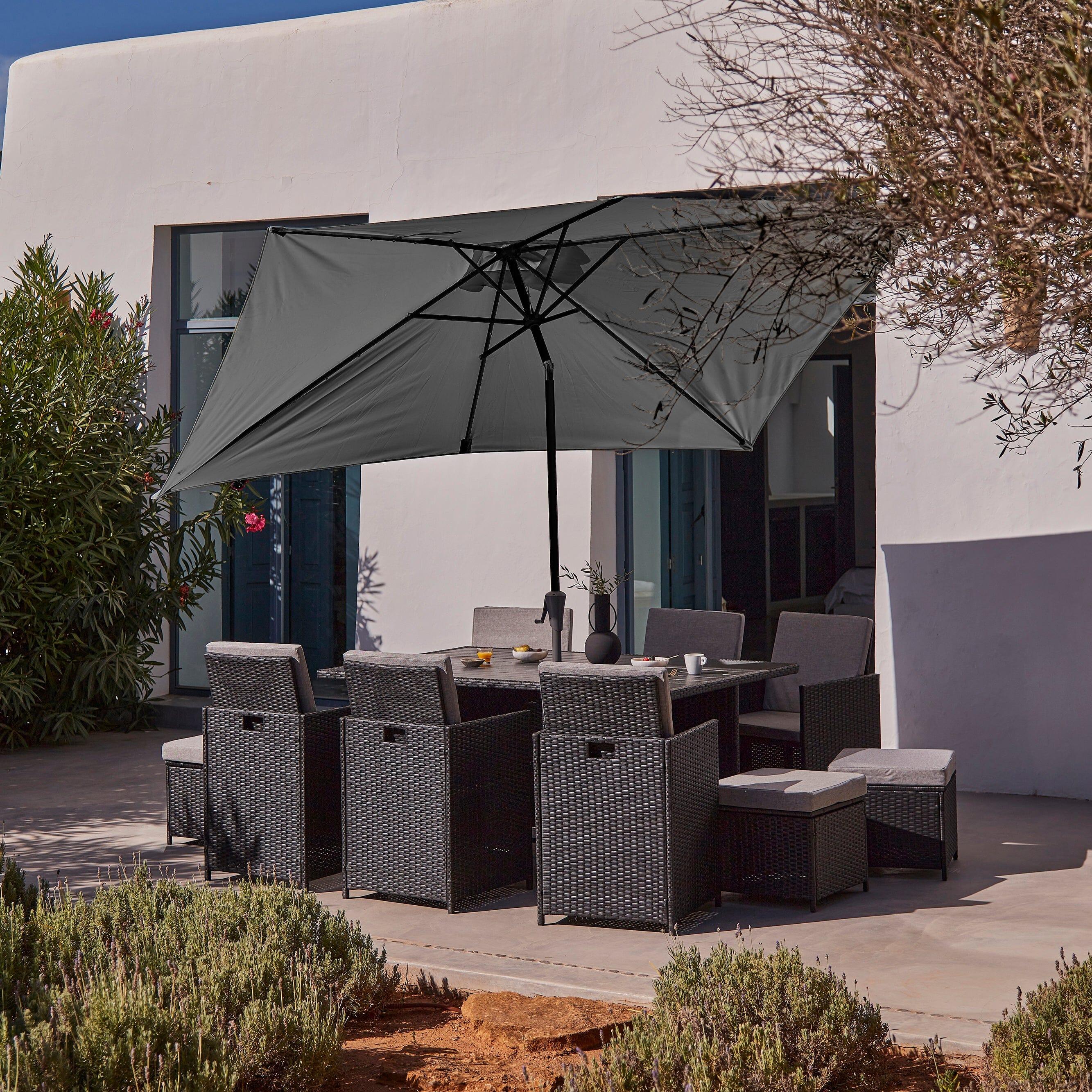 Cube 10 Seater Rattan Outdoor Dining Set with Grey LED Premium Parasol - Black Weave Polywood Top