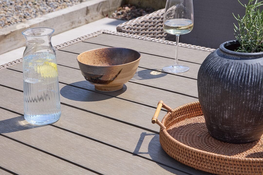 Cube 10 Seater Rattan Outdoor Dining Set with Grey Parasol- Natural Brown Weave Polywood Top - Image 4