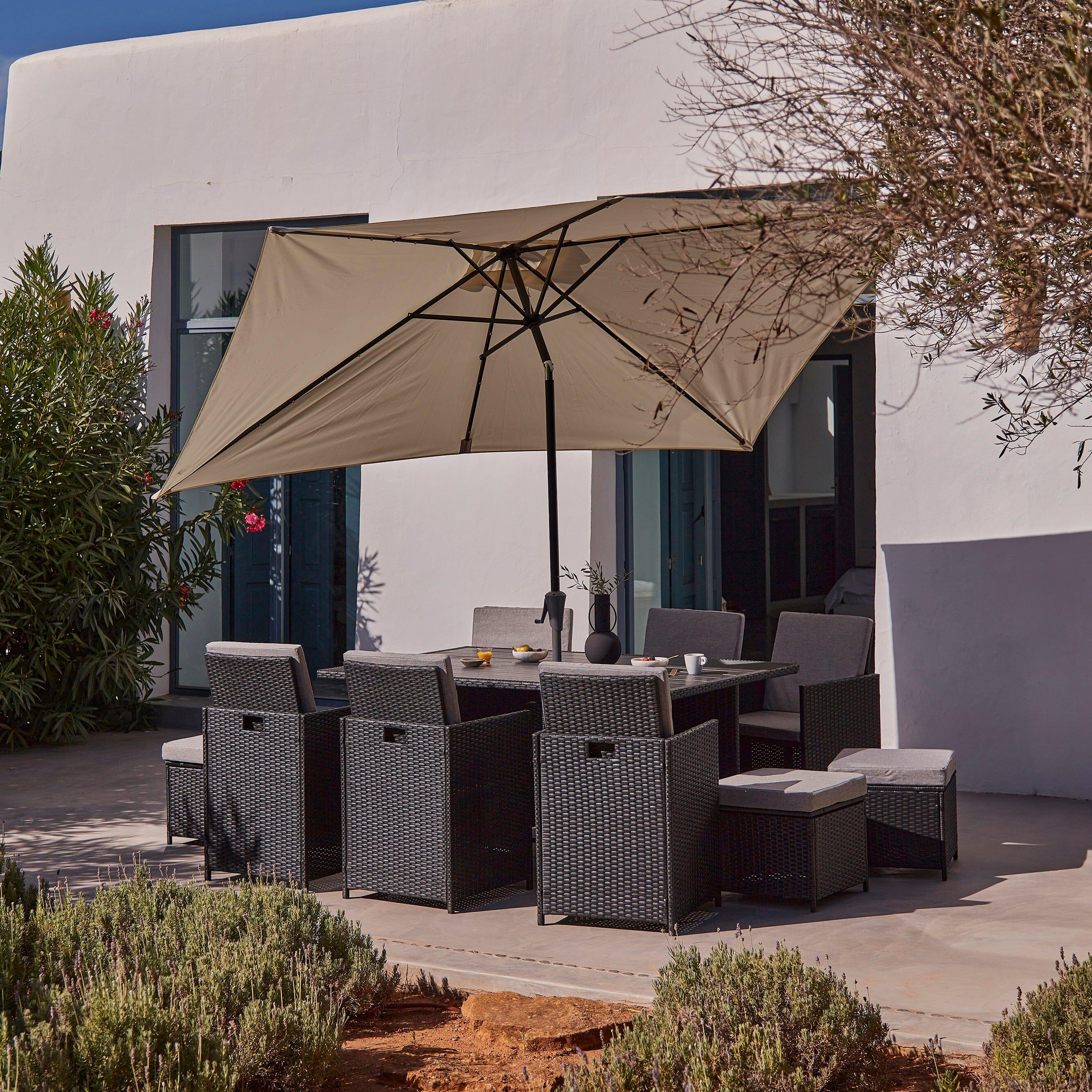 Cube  10 Seater Rattan Outdoor Dining Set with Cream Parasol - Black Weave Polywood Top