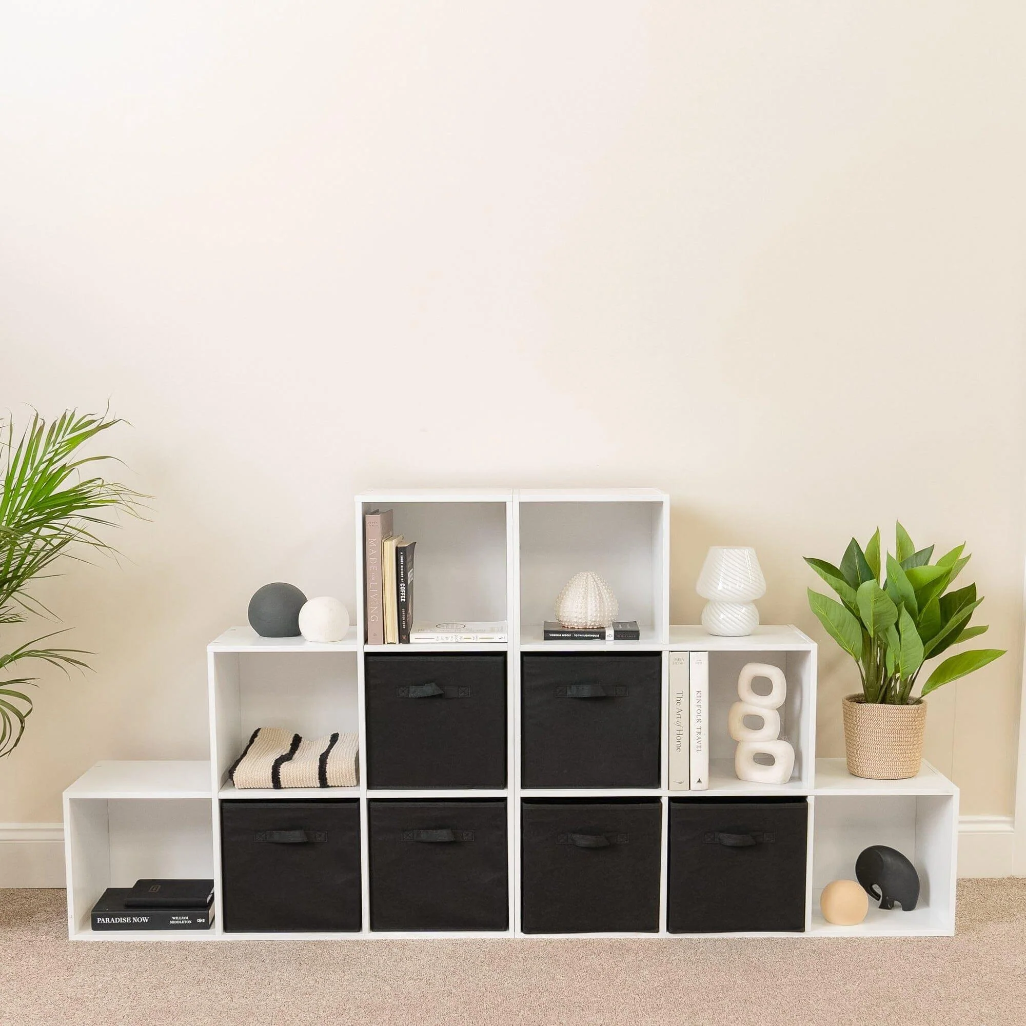 Cara 12 Cube Bookcase Ladder Storage Unit - Chalk White - Two 6 Cube Units - Black Basket - Image 2