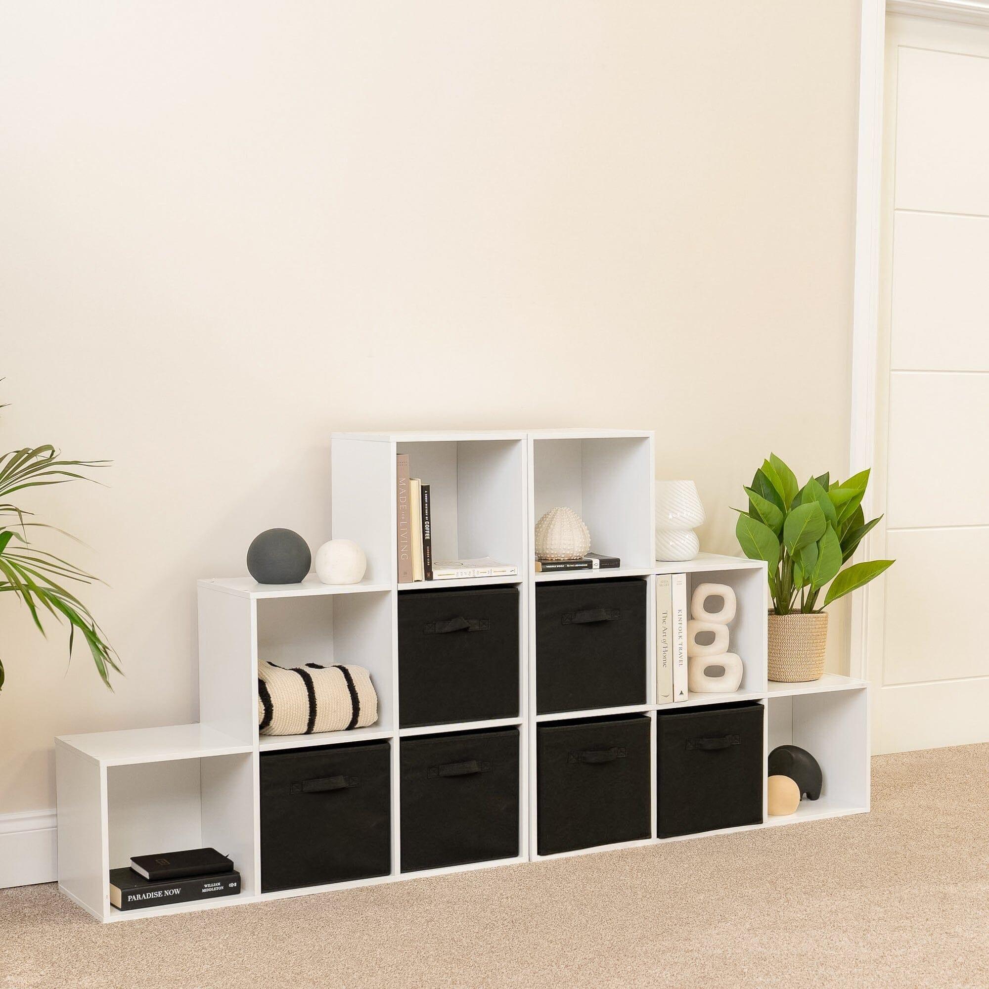 Cara 12 Cube Bookcase Ladder Storage Unit - Chalk White - Two 6 Cube Units - Black Basket - Image 3