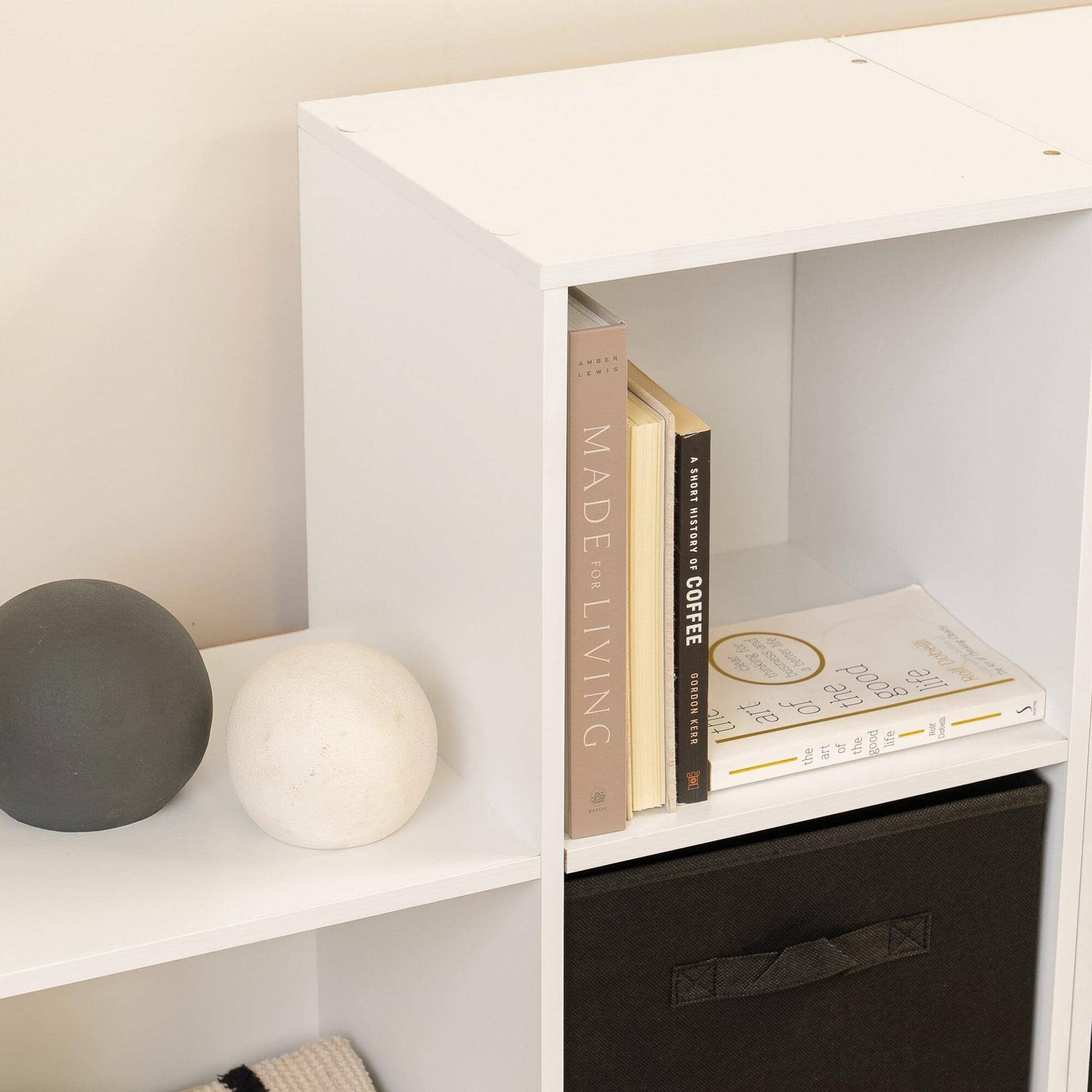 Cara 12 Cube Bookcase Ladder Storage Unit - Chalk White - Two 6 Cube Units - Black Basket - Image 6