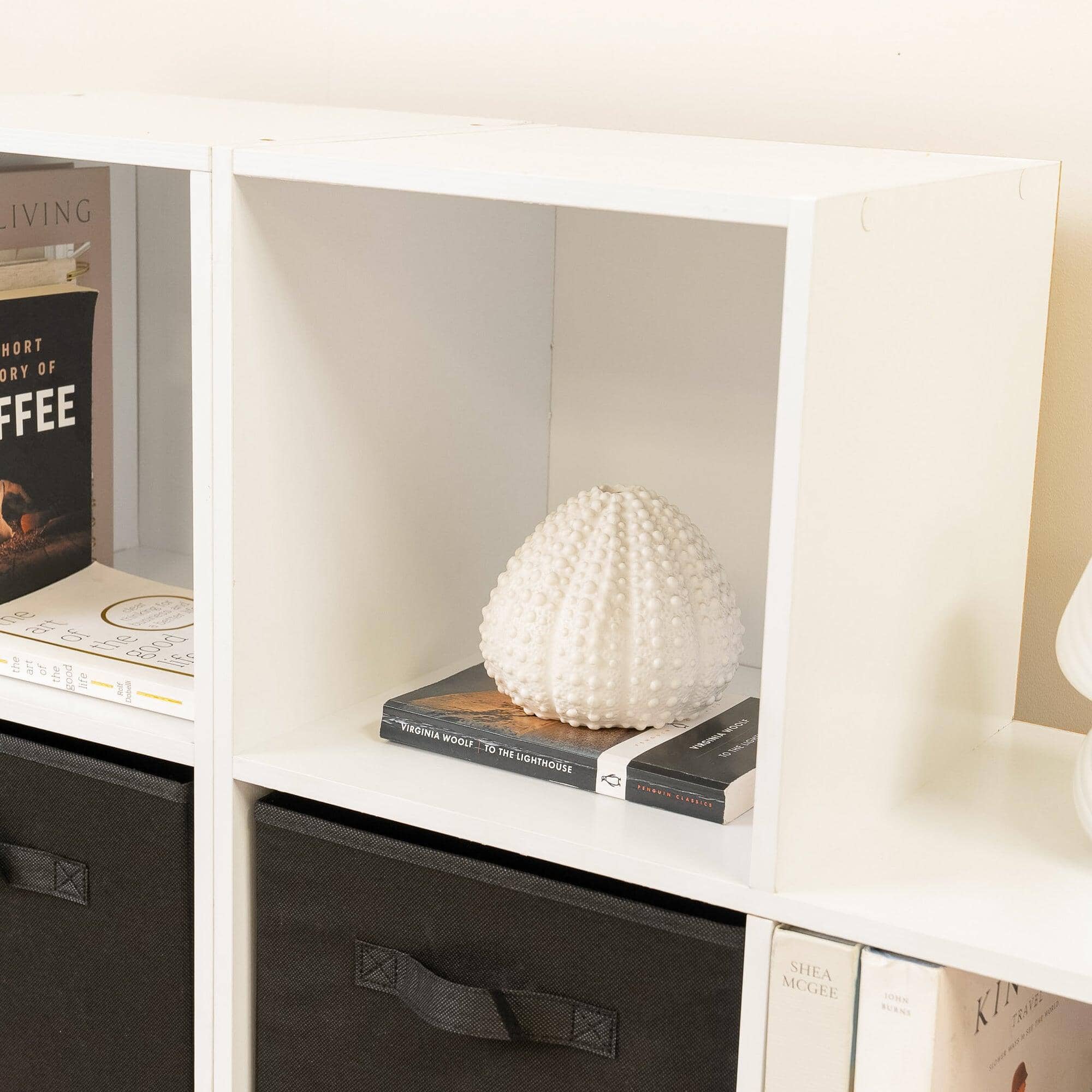 Cara 12 Cube Bookcase Ladder Storage Unit - Chalk White - Two 6 Cube Units - Black Basket - Image 8