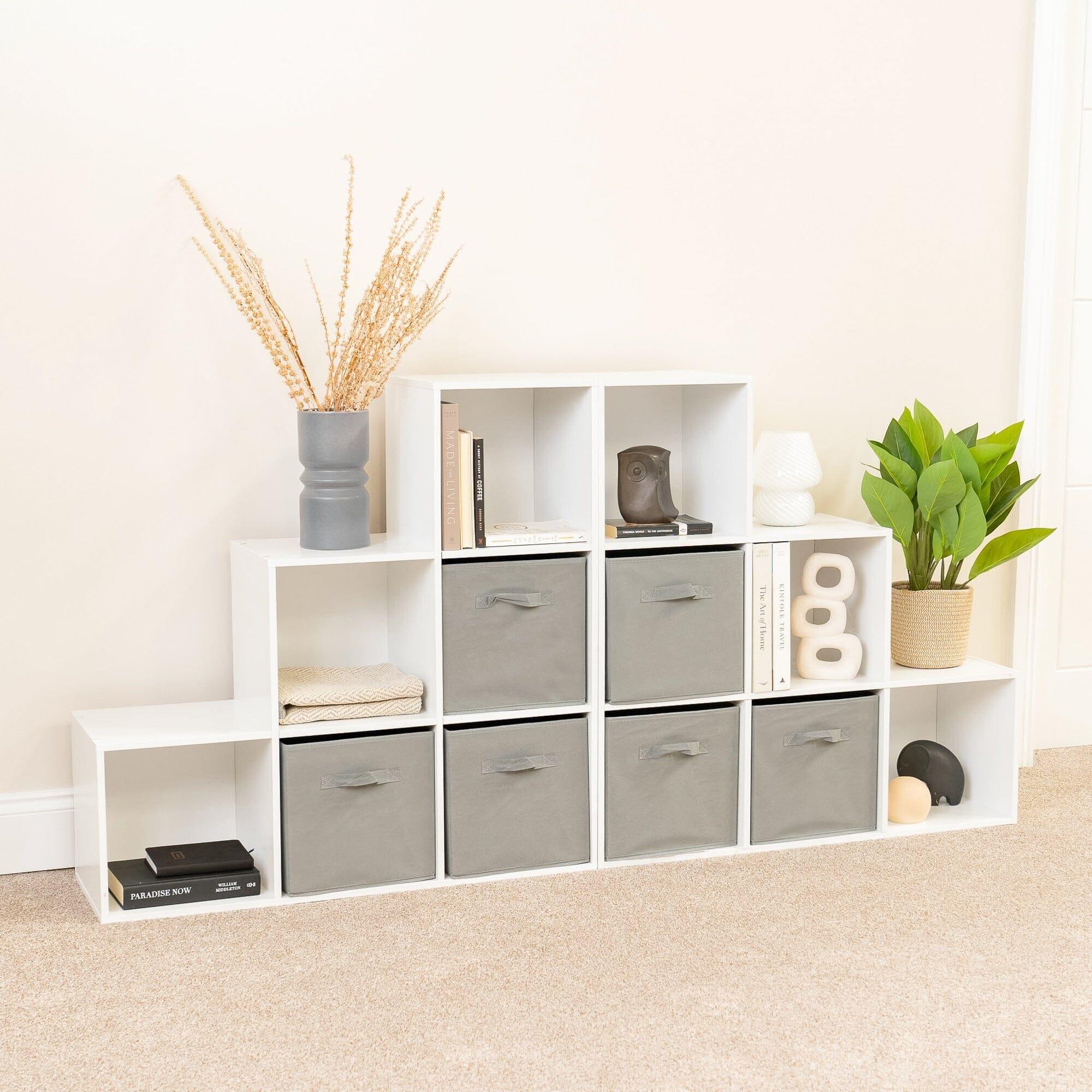 Cara 12 Cube Bookcase Ladder Storage Unit - Chalk White - Two 6 Cube Units - Grey Basket - Image 3