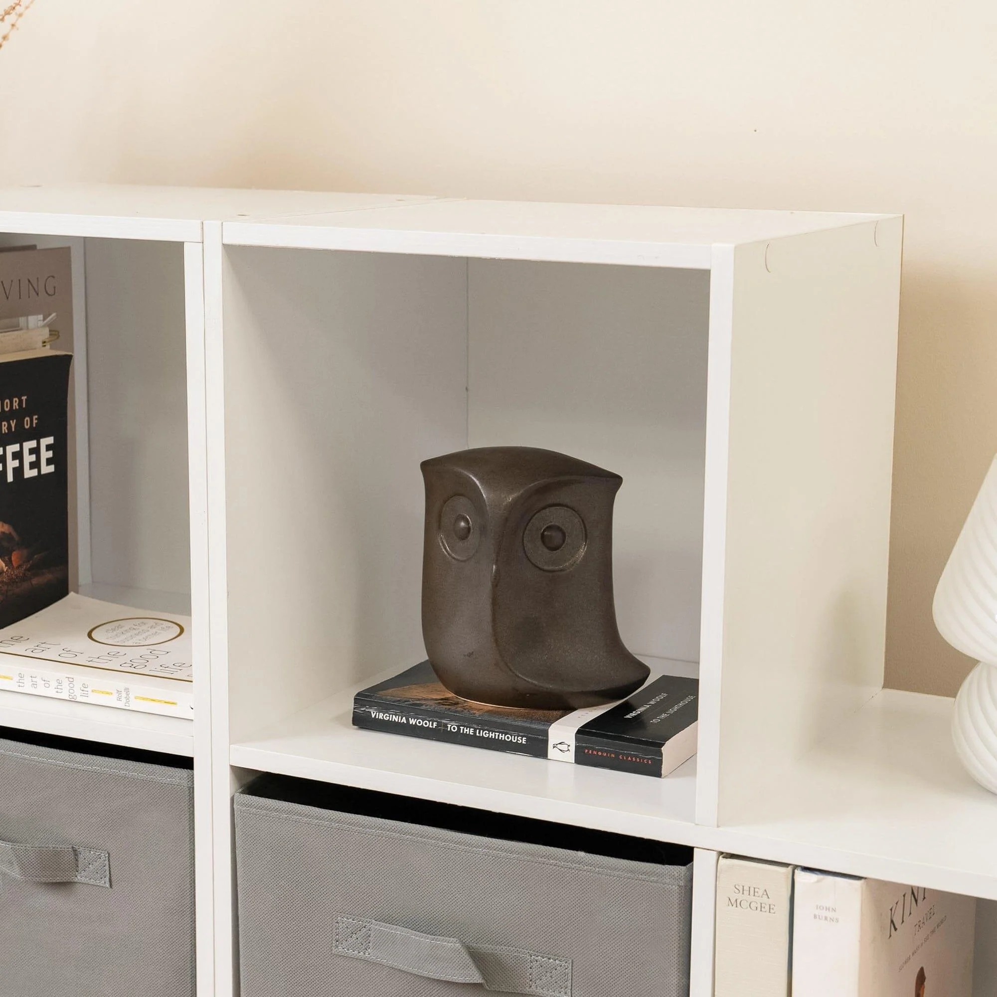 Cara 12 Cube Bookcase Ladder Storage Unit - Chalk White - Two 6 Cube Units - Grey Basket - Image 5