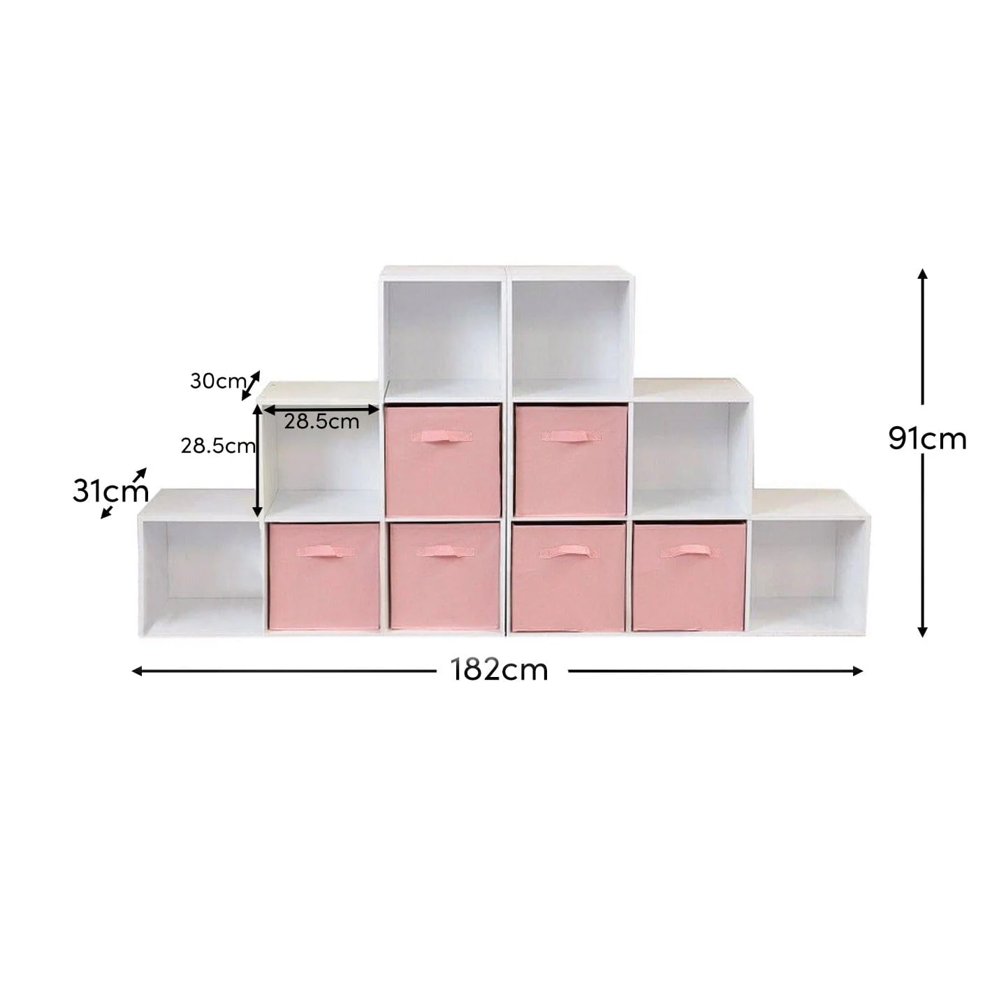 Cara 12 Cube Bookcase Ladder Storage Unit - Chalk White - Two 6 Cube Units - Pink Basket - Image 12
