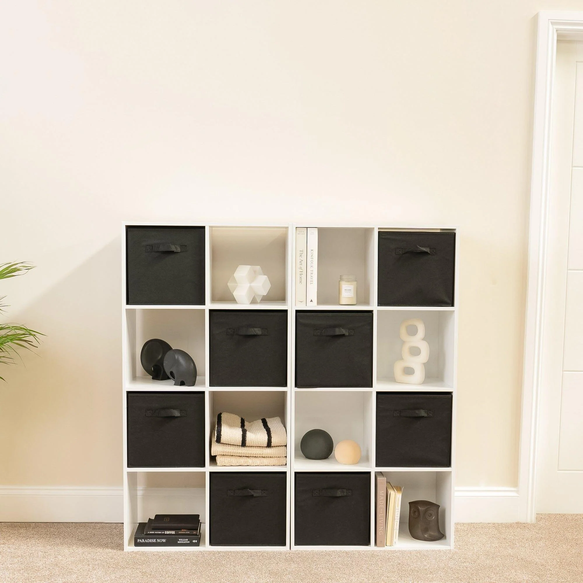 Cara 16 Cube Storage Unit - Chalk White - Two 8x2 Units - Black Basket - Image 2