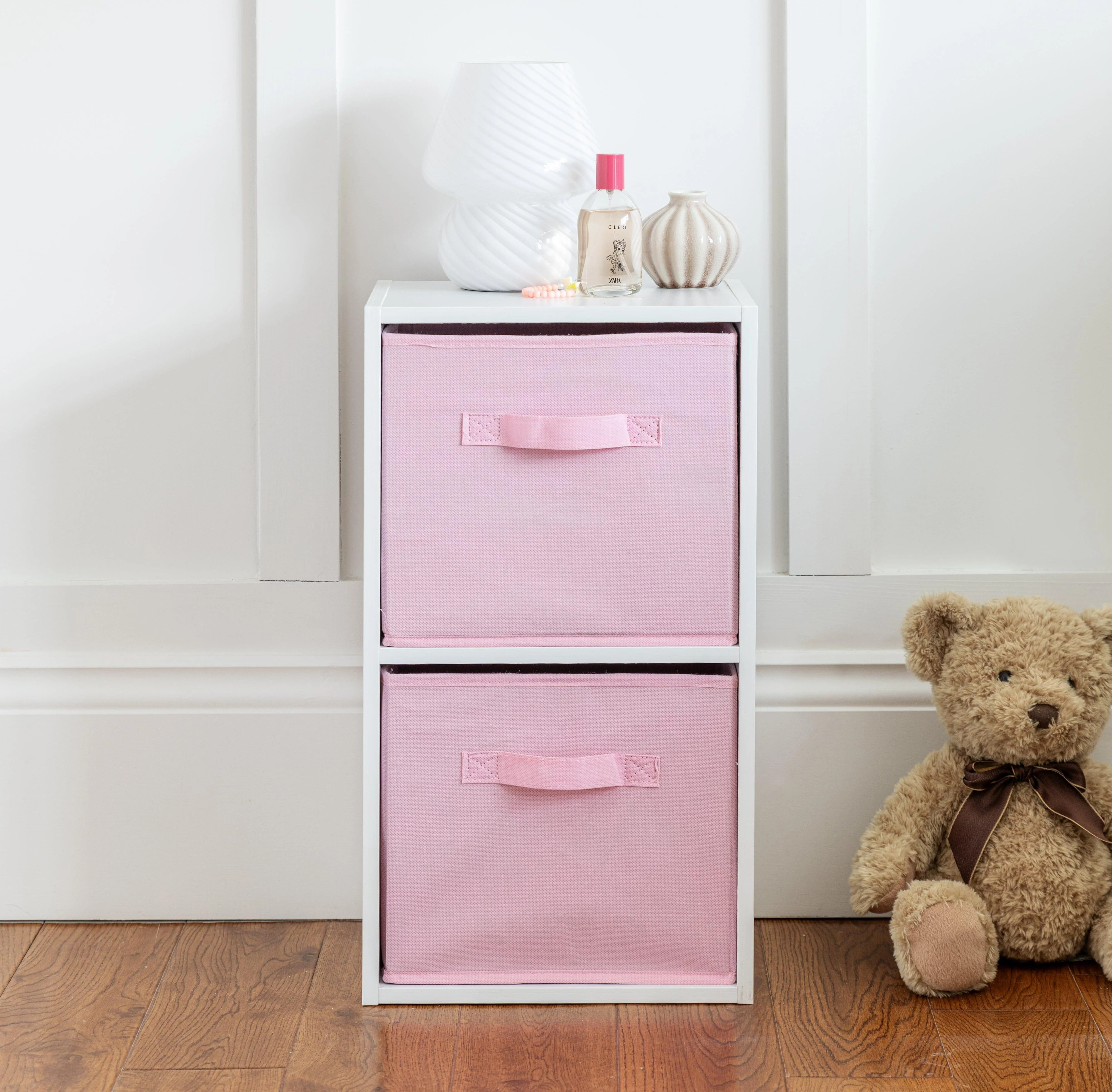 Cara 2 Tier Storage Unit / Chalk White Bookcase with Pink Boxes - Image 2