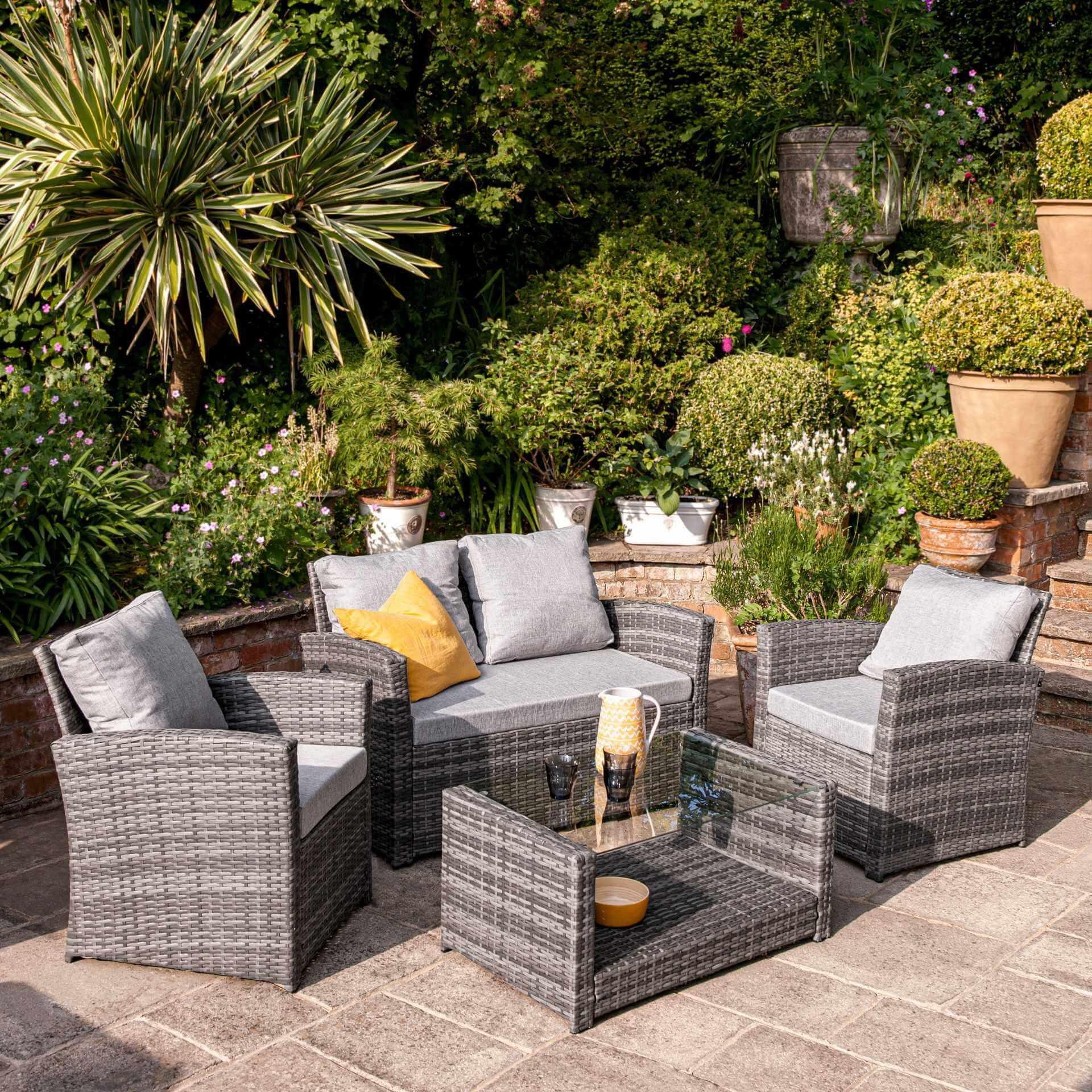 Cote 4 Seater Rattan Garden Sofa Set with Cream LED Premium Cantilever Parasol - Grey Weave - Image 3