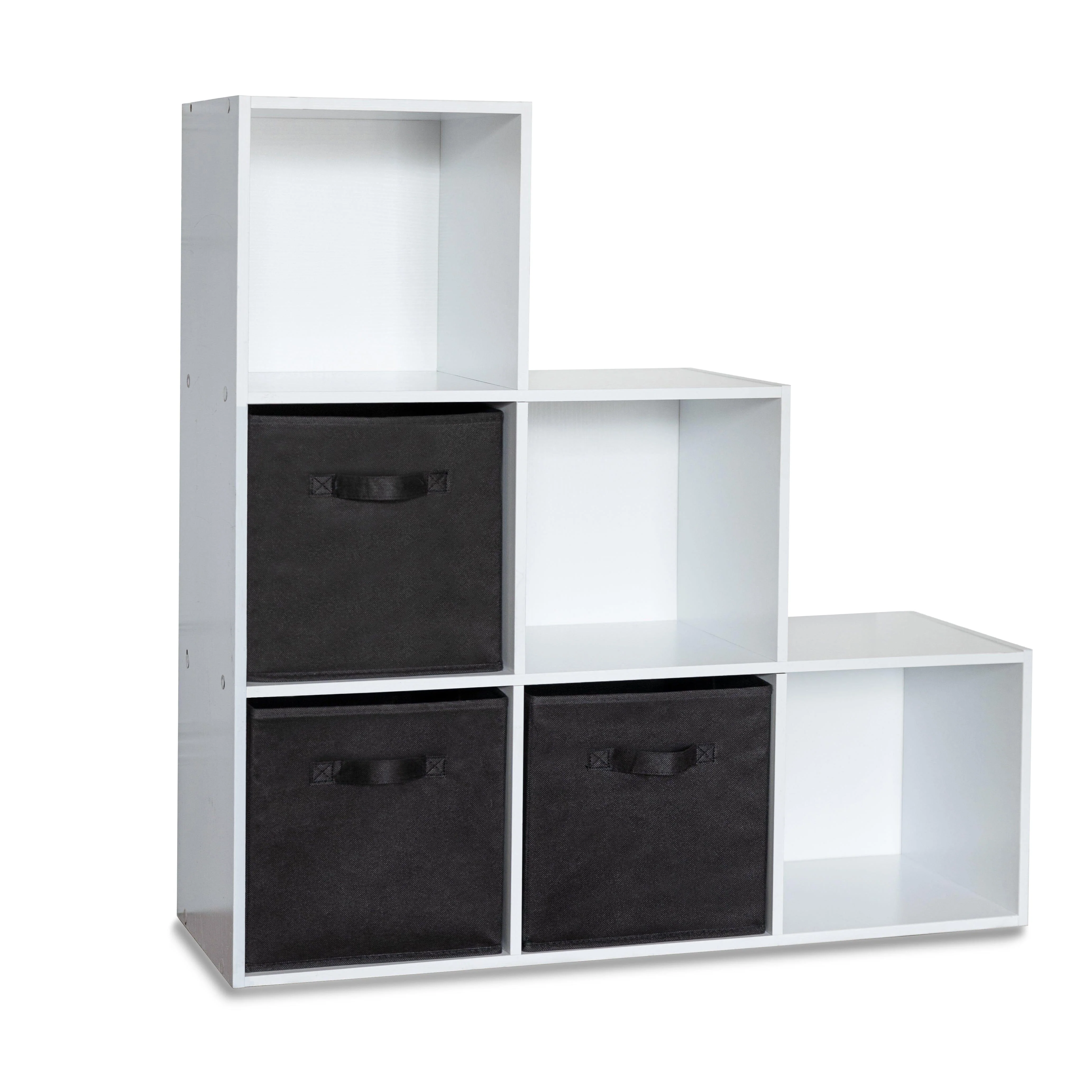 Cara 6 Cube Bookcase Ladder Storage Unit - Chalk White with Black Boxes