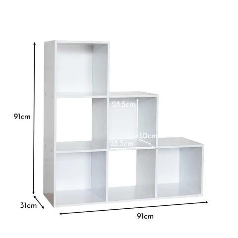 Cara 6 Cube Bookcase Ladder Storage Unit - Chalk White with Grey Boxes - Image 11