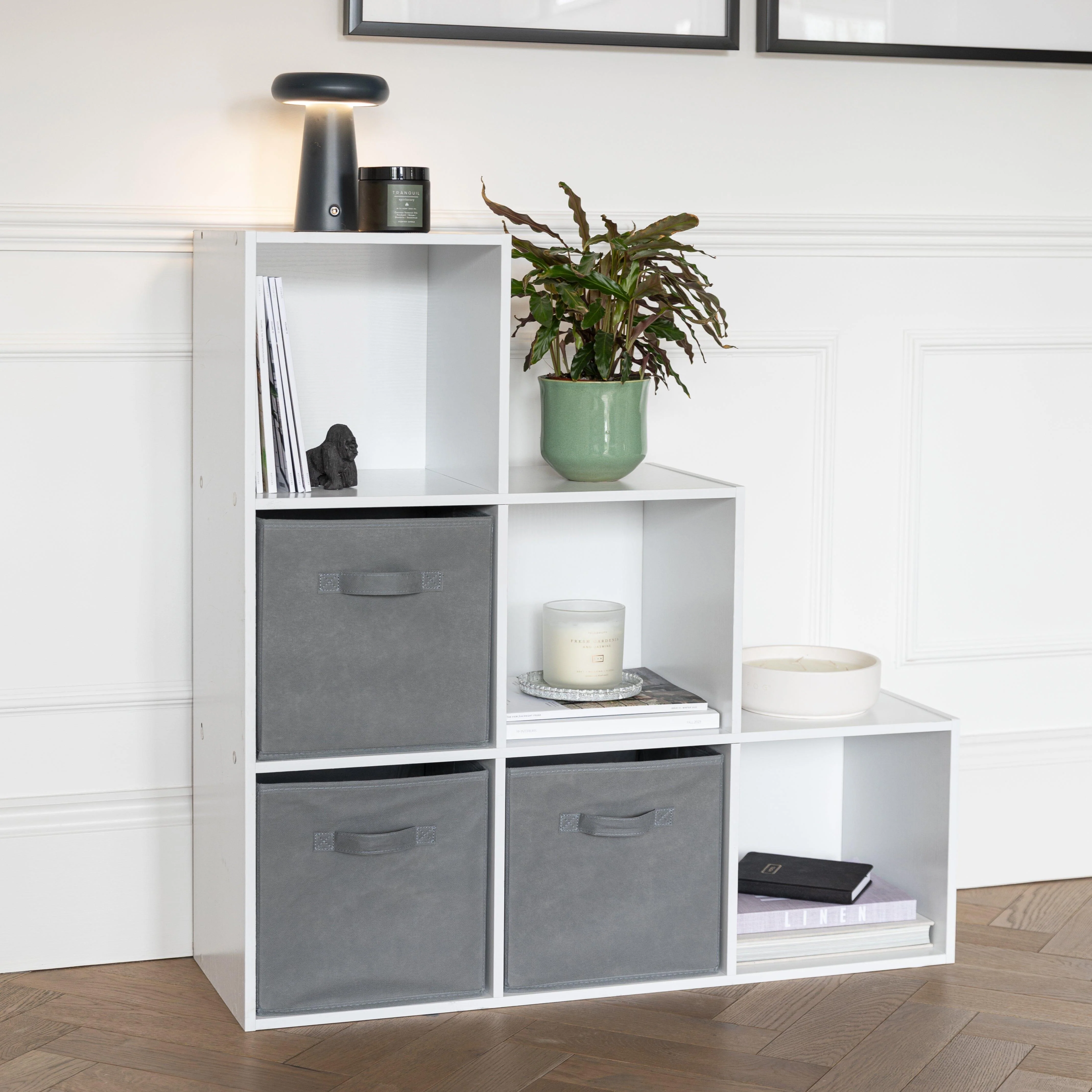 Cara 6 Cube Bookcase Ladder Storage Unit - Chalk White with Grey Boxes - Image 2