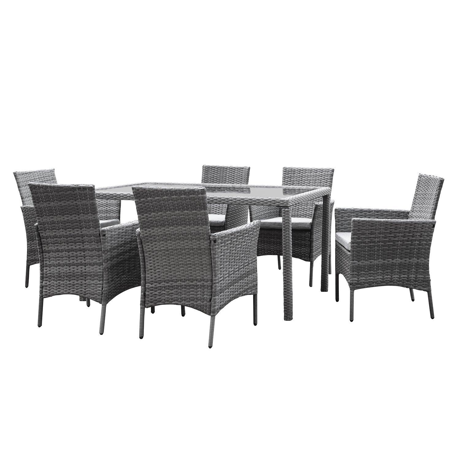 Marston 6 Seater Rattan Garden Dining Set with Grey LED Premium Parasol - Grey - Glass Top - Image 9