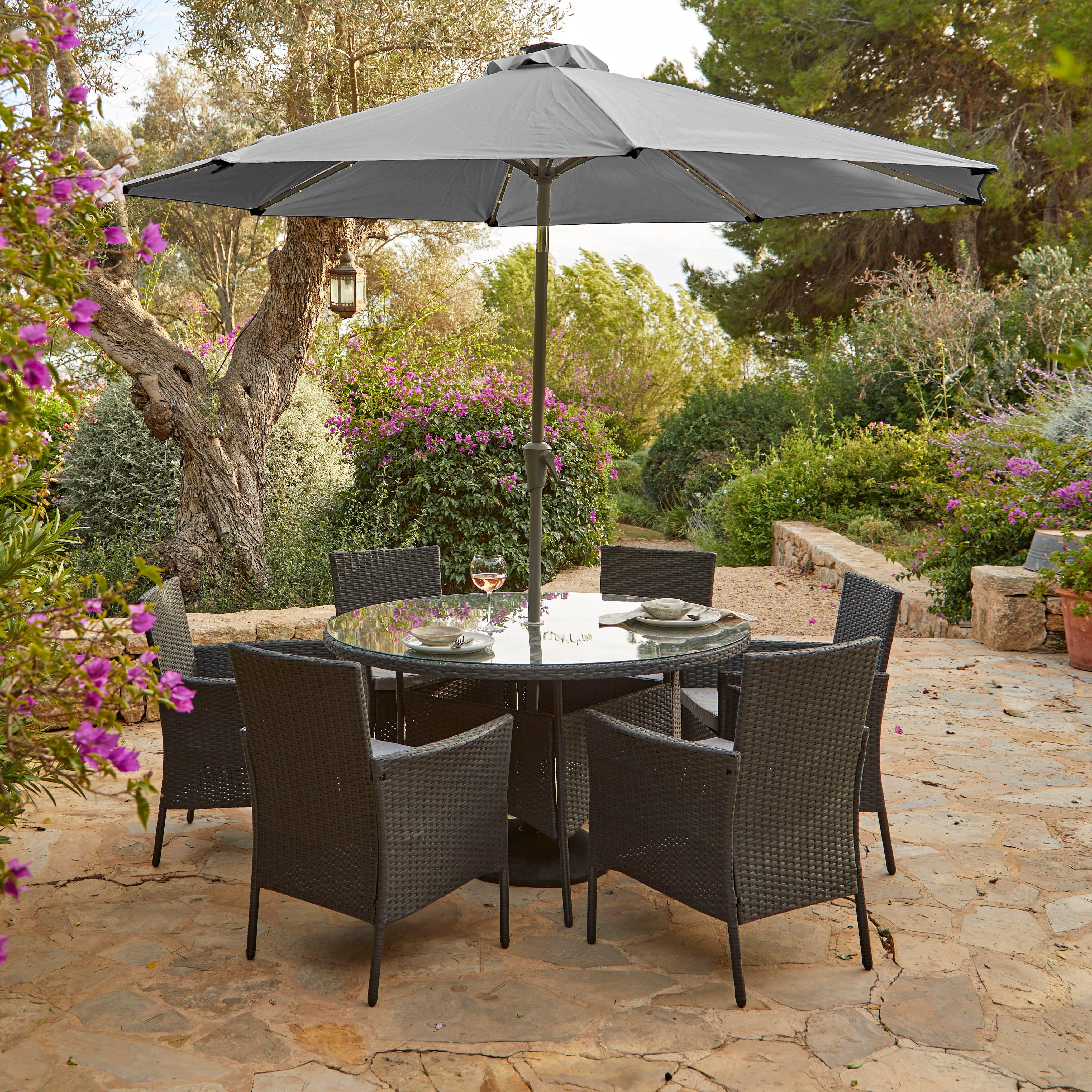 Kemble 6 Seater Rattan Round Garden Dining Set with Grey LED Premium Parasol & Parasol Rain Cover - Black Weave