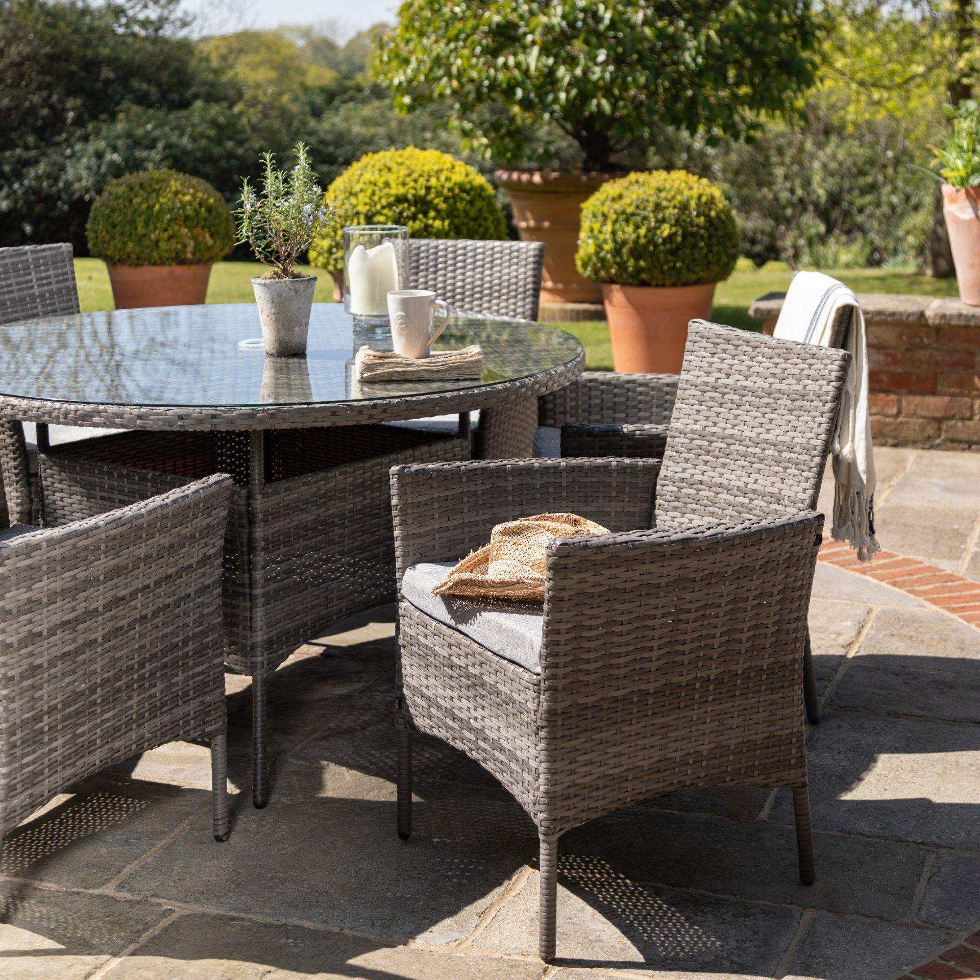Kemble 6 Seater Rattan Round Dining Set with Grey LED Premium Parasol & Parasol Rain Cover - Grey - Image 5