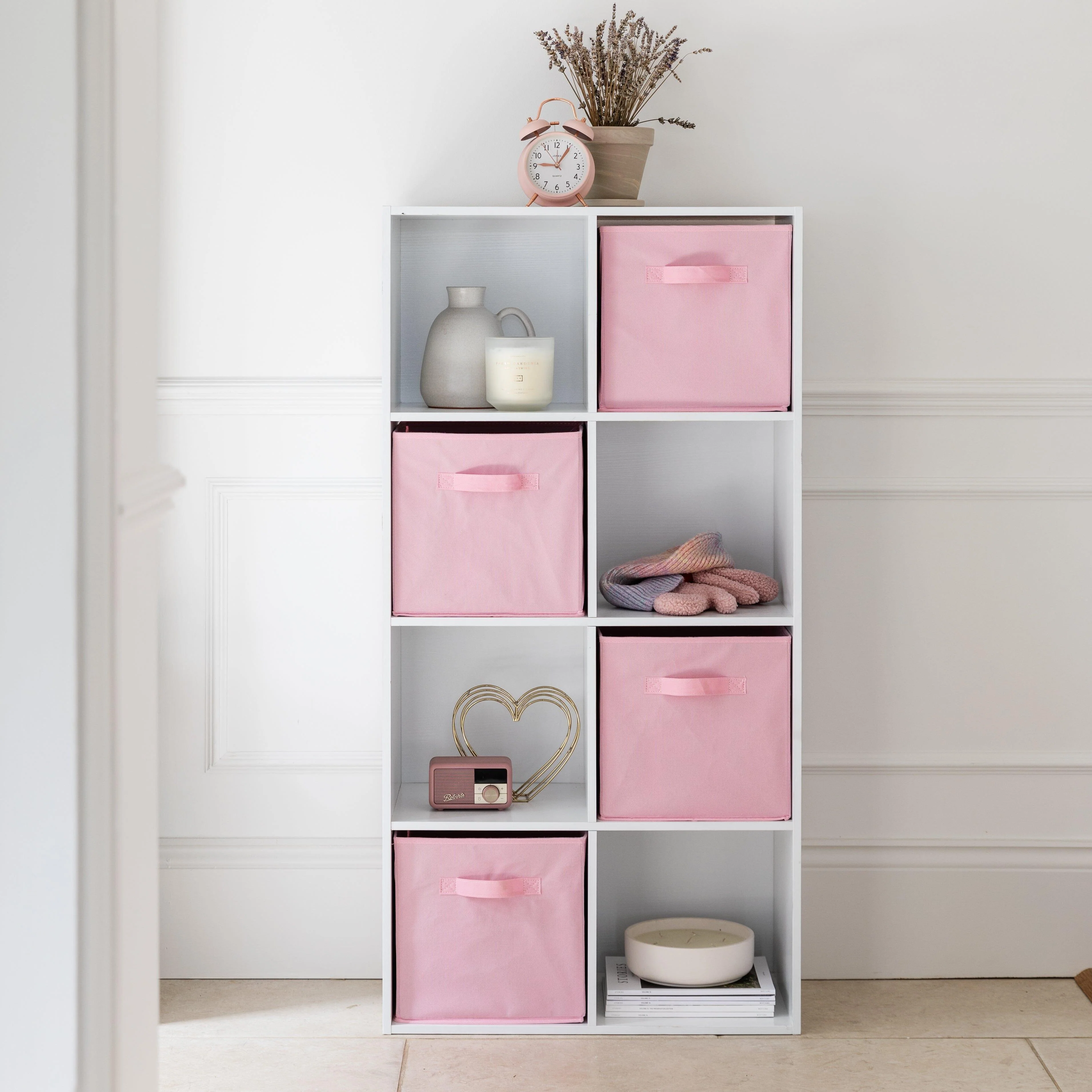 Cara 8 Cube Storage Unit in Chalk White & 4 Pink Handled Box Drawers - Image 2