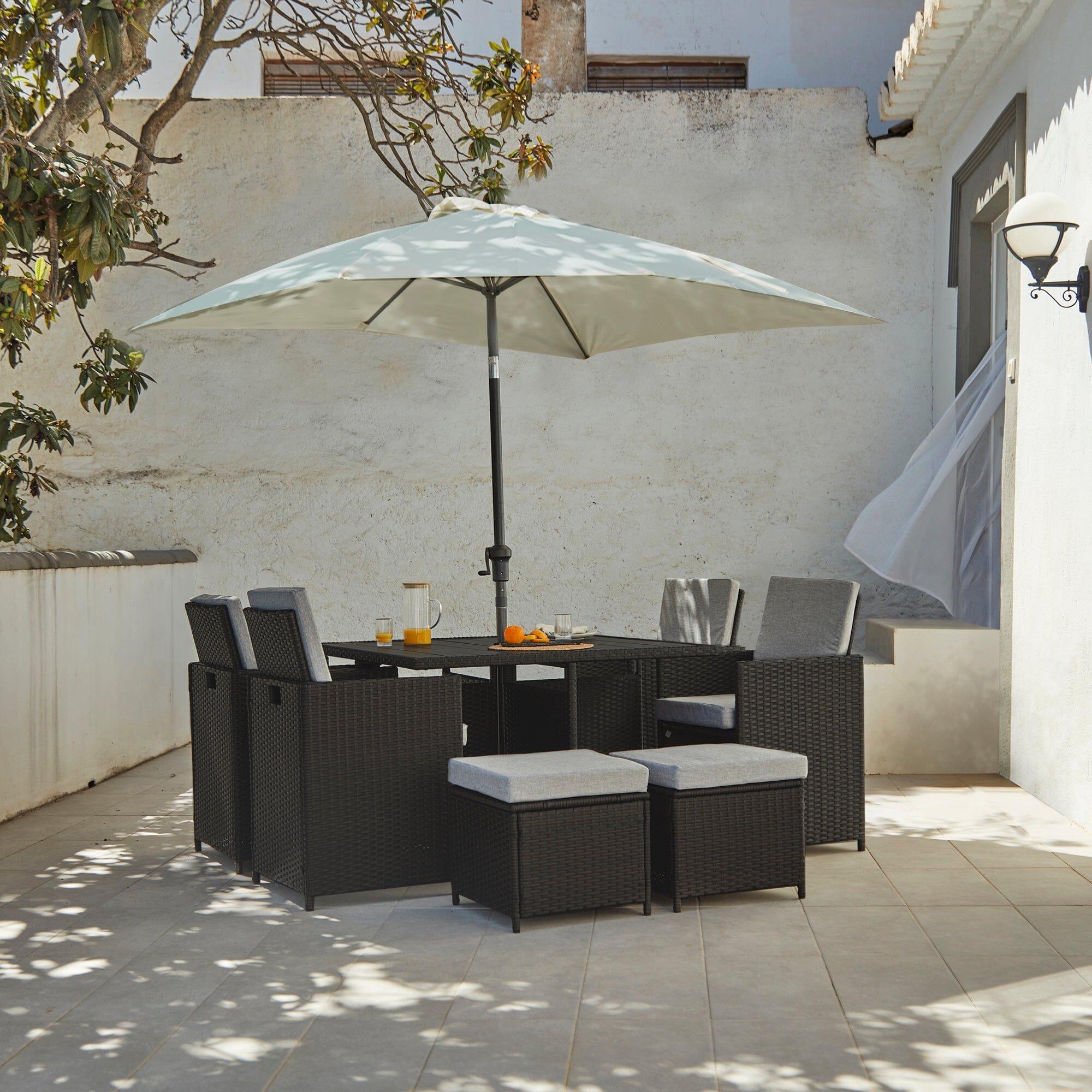 Cube 8 Seater Rattan Outdoor Dining Set with Cream LED Premium Parasol - Black Weave Polywood Top