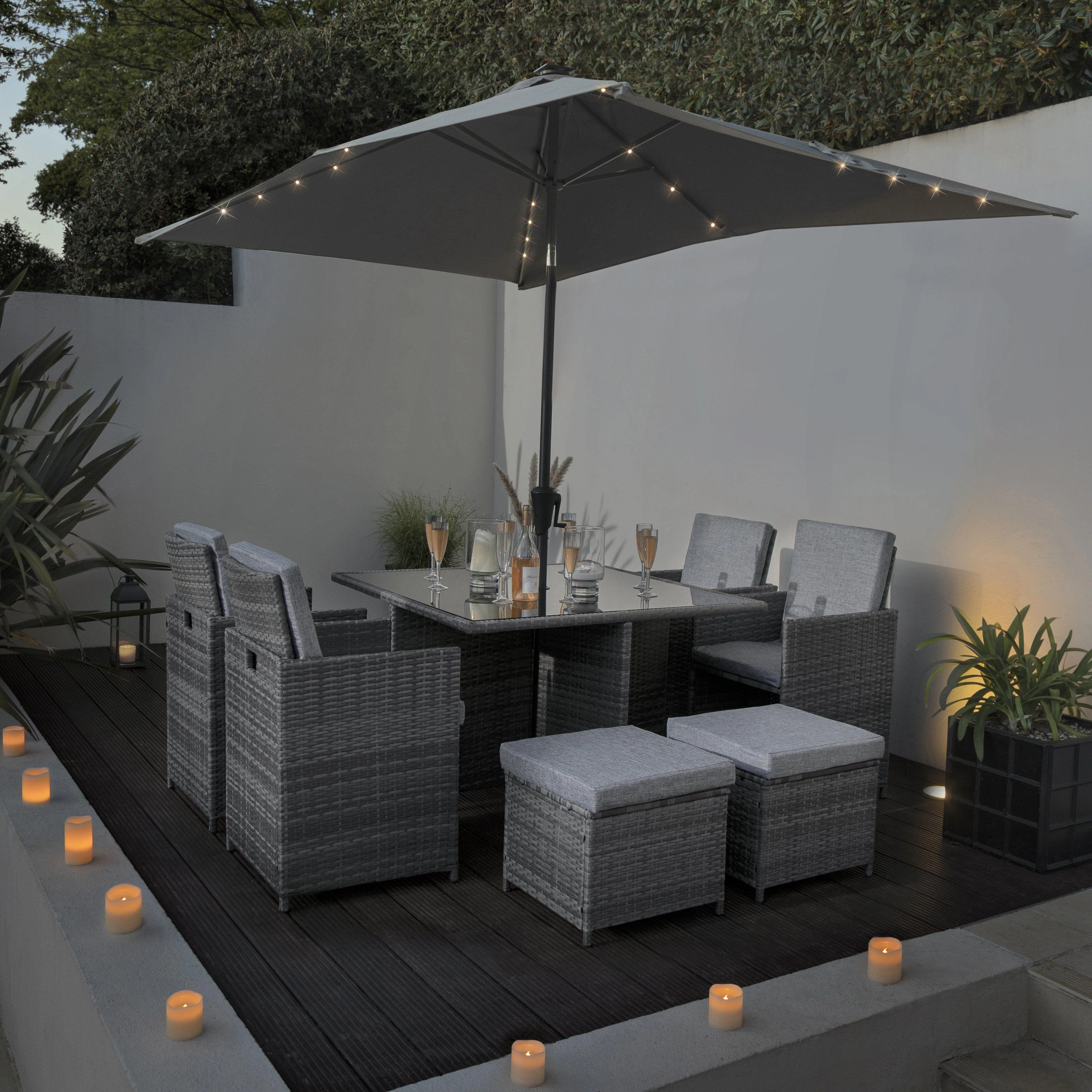 Cube 8 Seater Rattan Outdoor Dining Set with Grey LED Premium Parasol - Grey Weave - Image 3