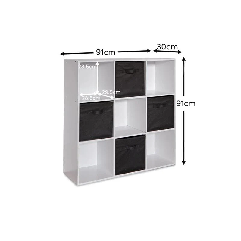 Cara 9 Cube Storage Unit - Chalk White Bookcase with Black Boxes - Image 8