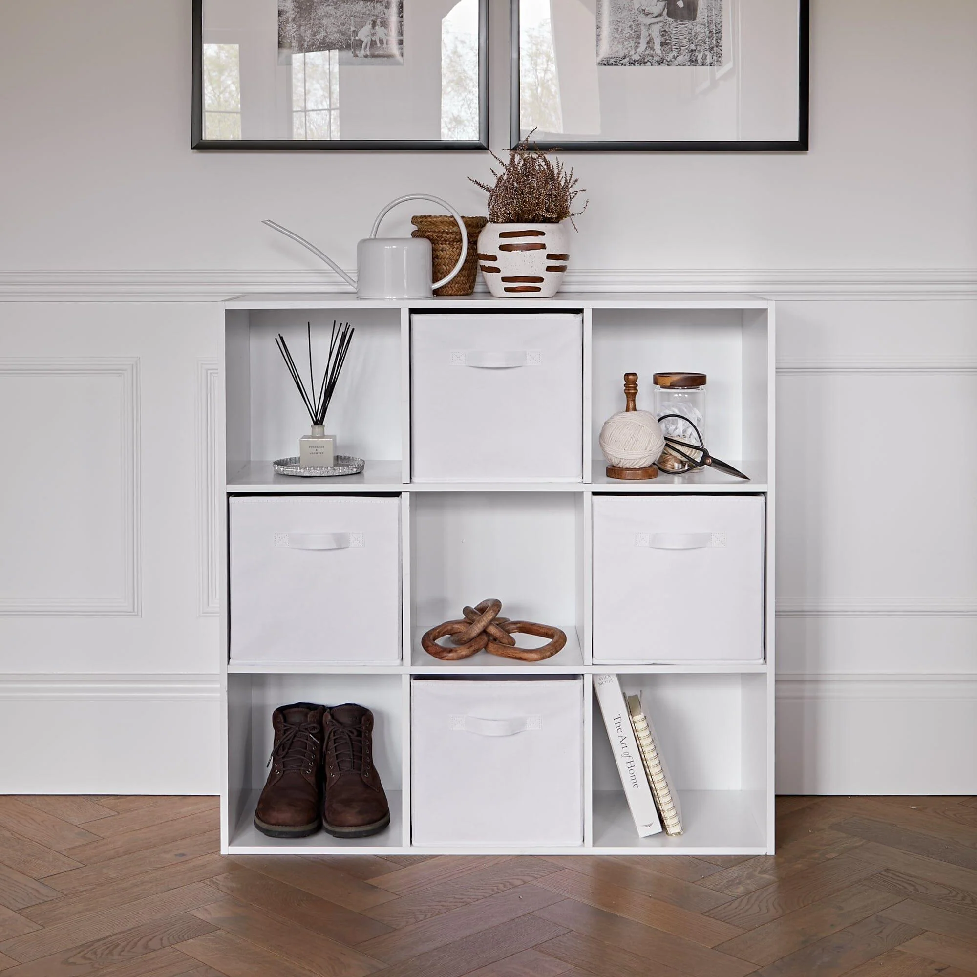 Cara 9 Cube Storage Unit - Chalk White Bookcase with White Boxes - Image 2