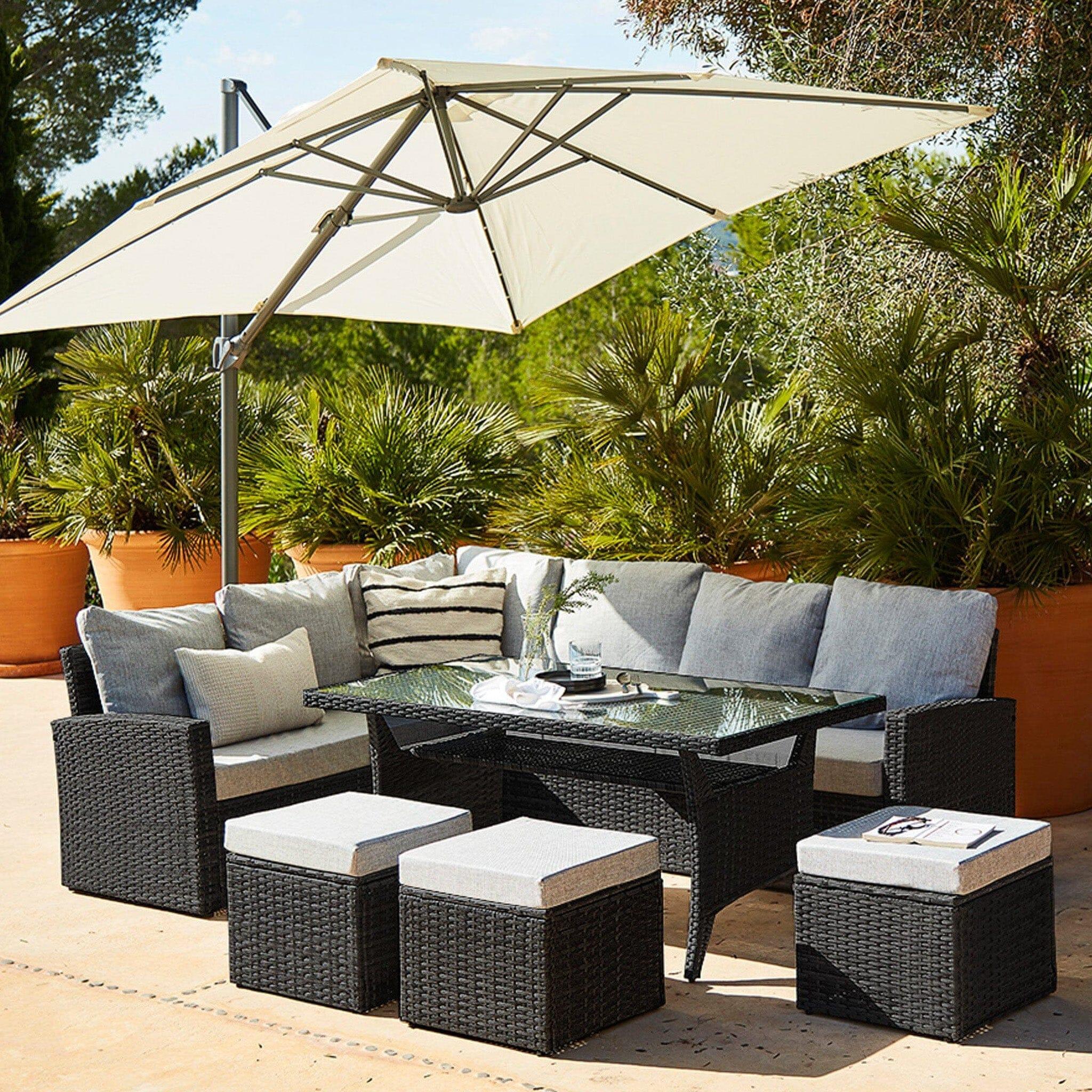 Aston 9 Seater Rattan Garden Corner Sofa Set with Cream LED Premium Cantilever Parasol - Black Weave - Image 15