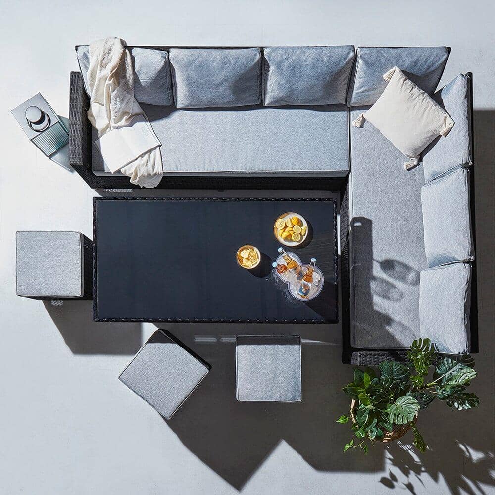 Aston 9 Seater Rattan Garden Corner Sofa Set with Cream Lean Over Parasol - Black Weave - Image 16