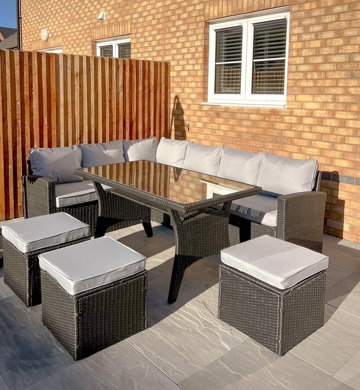 Aston 9 Seater Rattan Garden Corner Sofa Set with Cream Lean Over Parasol - Black Weave - Image 3