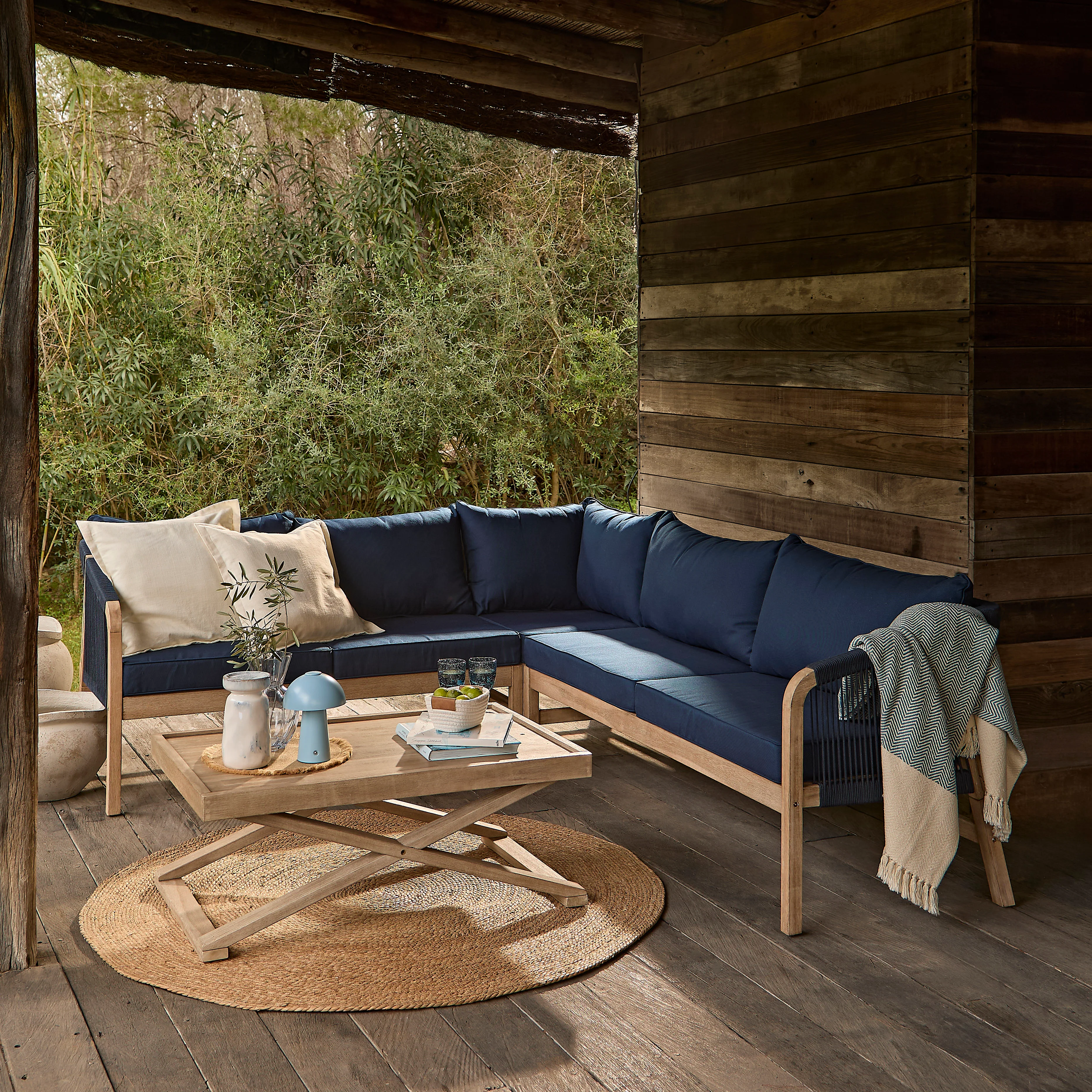 Shiro Garden Corner Sofa with Navy Cushions with Akira Coffee Table Set