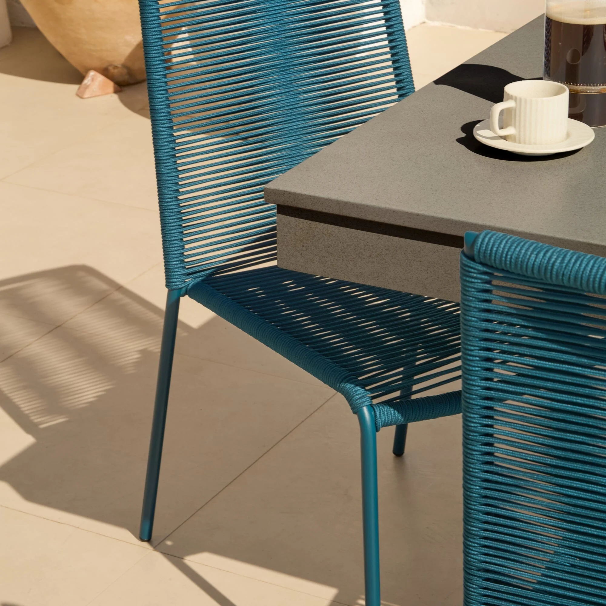 Amelia 6 Seater Dove Grey Concrete Garden Dining Set with Ryder Teal Chairs - Image 3