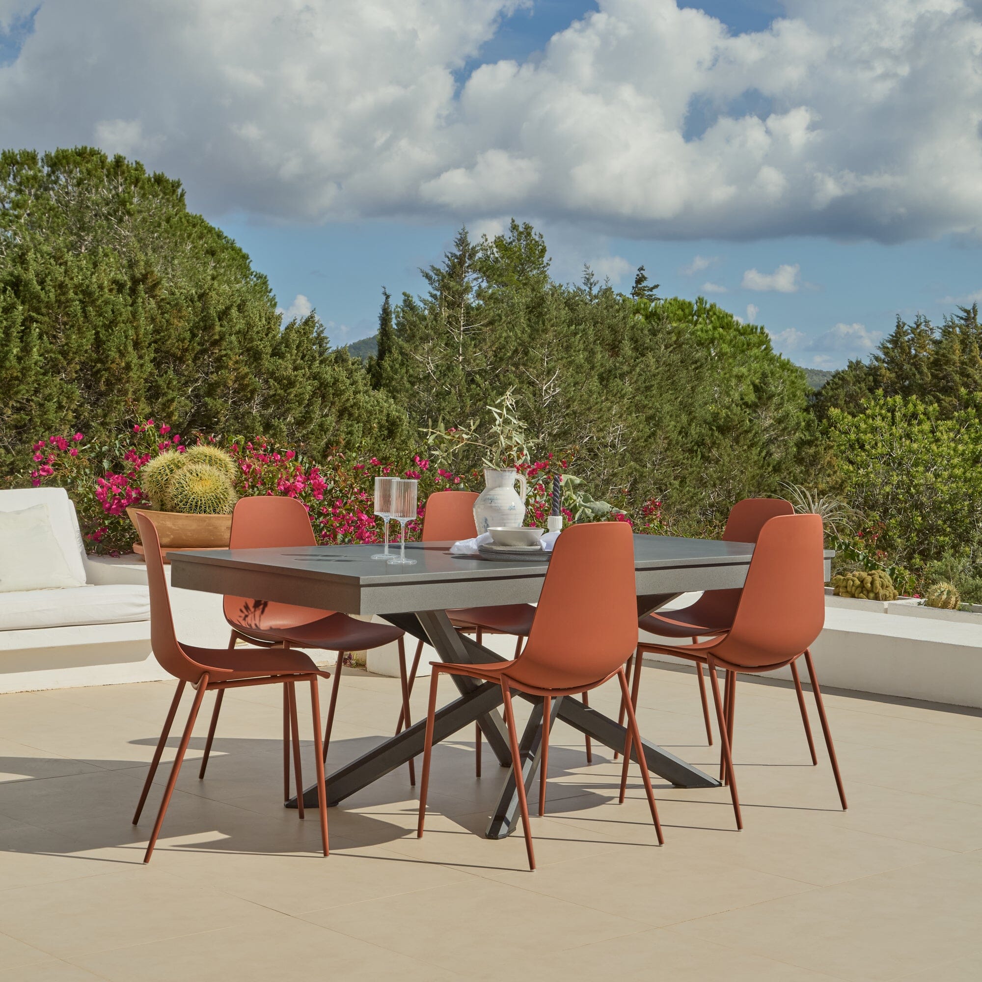 Amelia 6 Seater Dove Grey Concrete Garden Dining Set with Wren Burnt Orange Chairs