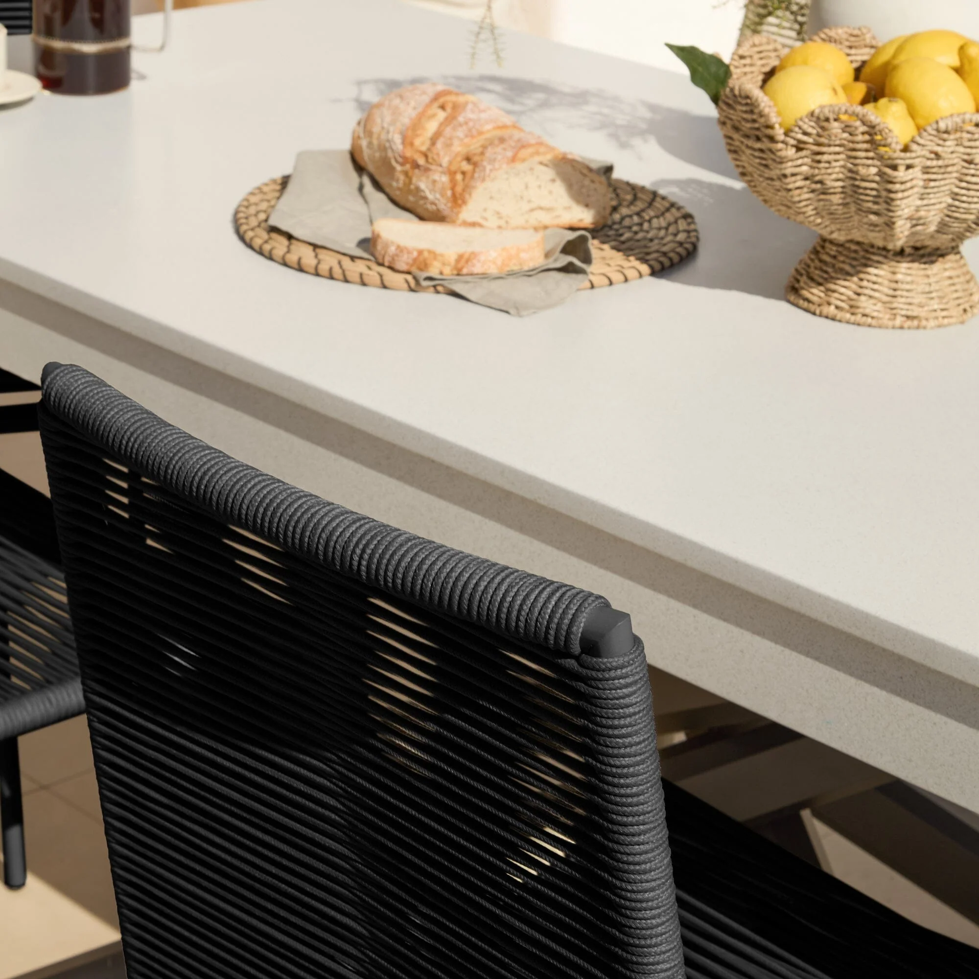 Amelia 6 Seater Pale Grey Concrete Garden Dining Set with Ryder Black Chairs - Image 3