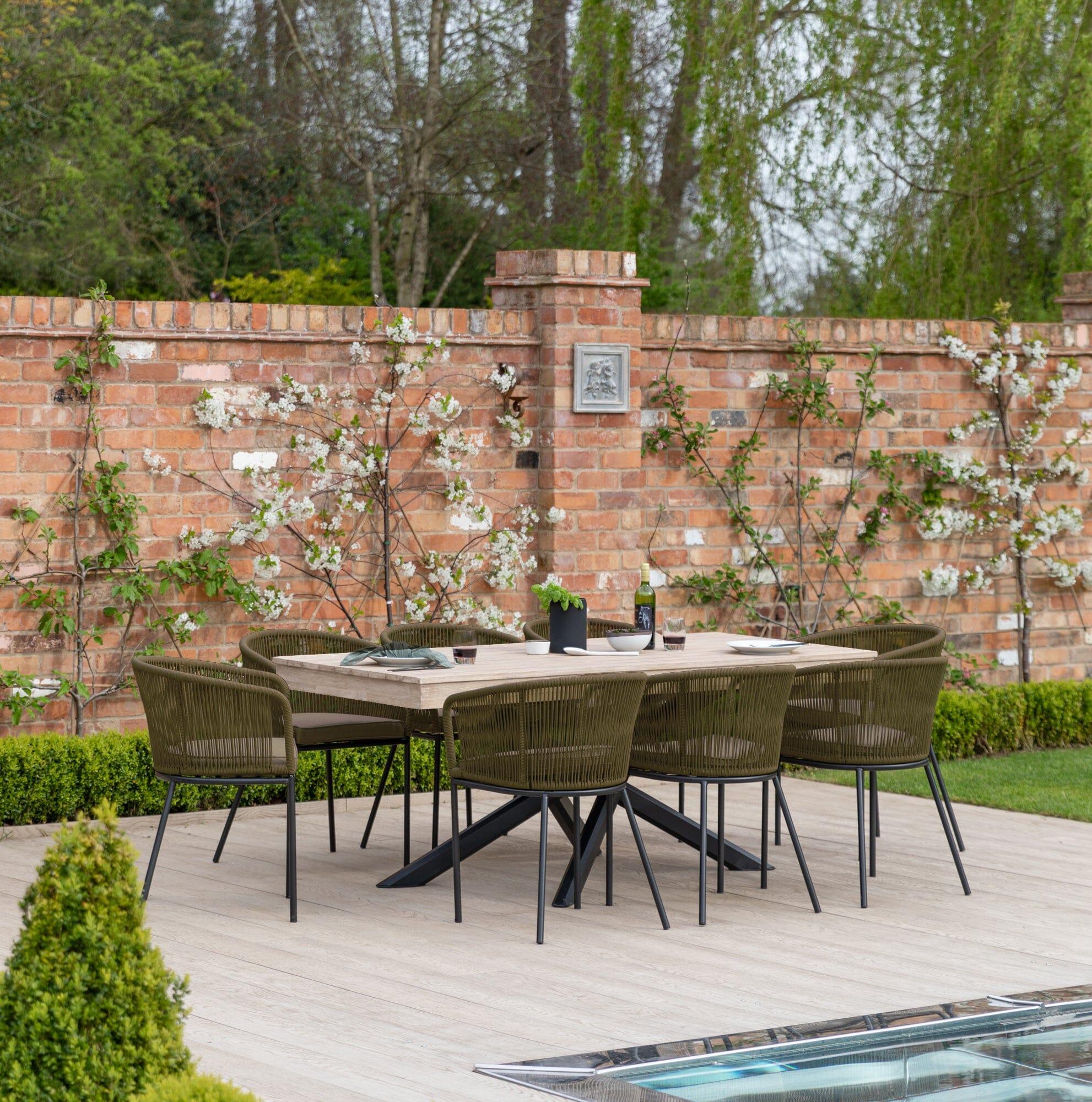Amelia 8 Seater Wooden Garden Dining Set with 8 Hali Green Chairs - Light Brushed Acacia with Black Legs