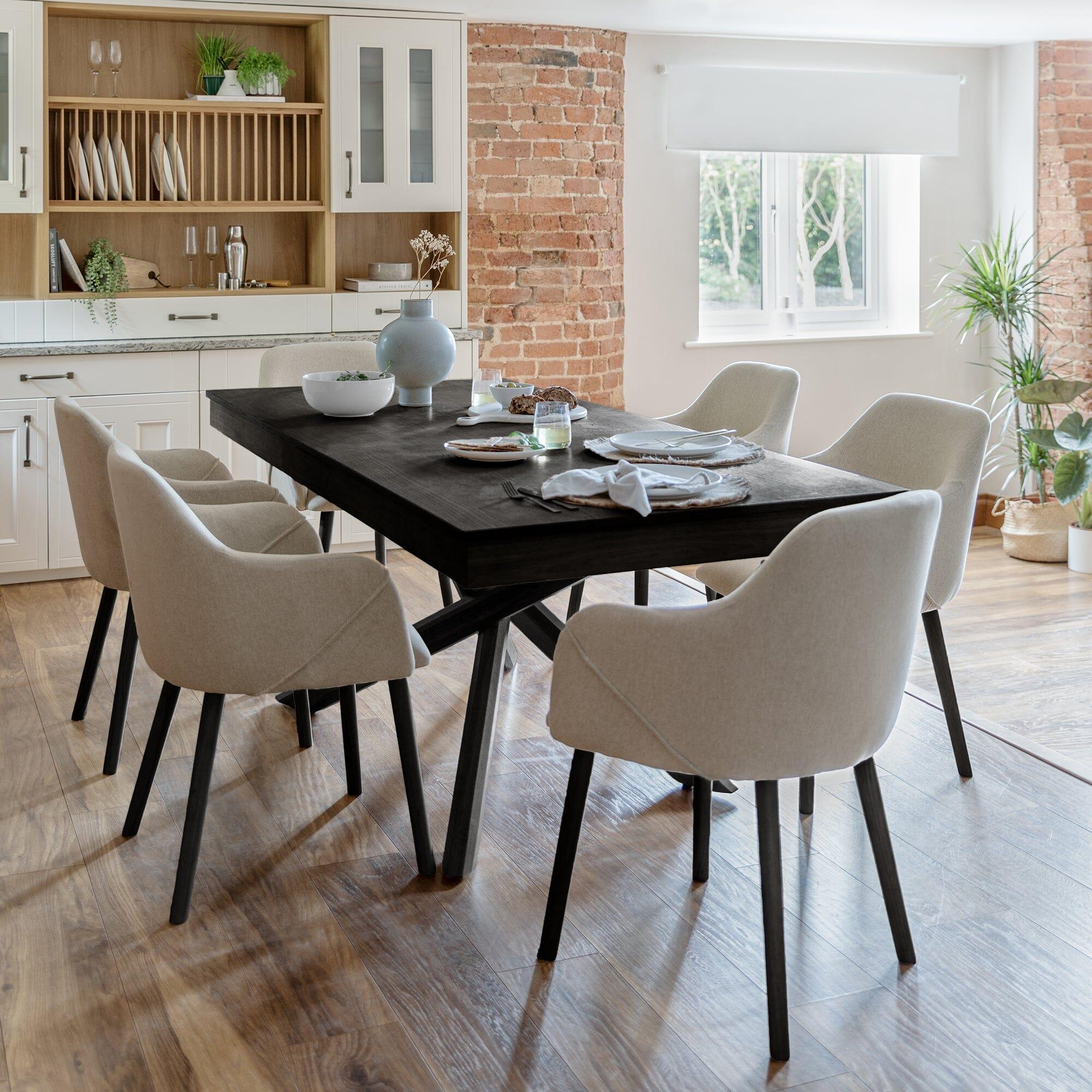 Amelia Black Dining Table Set - 6 Seater - Freya Sand Carver Chairs - Black Legs