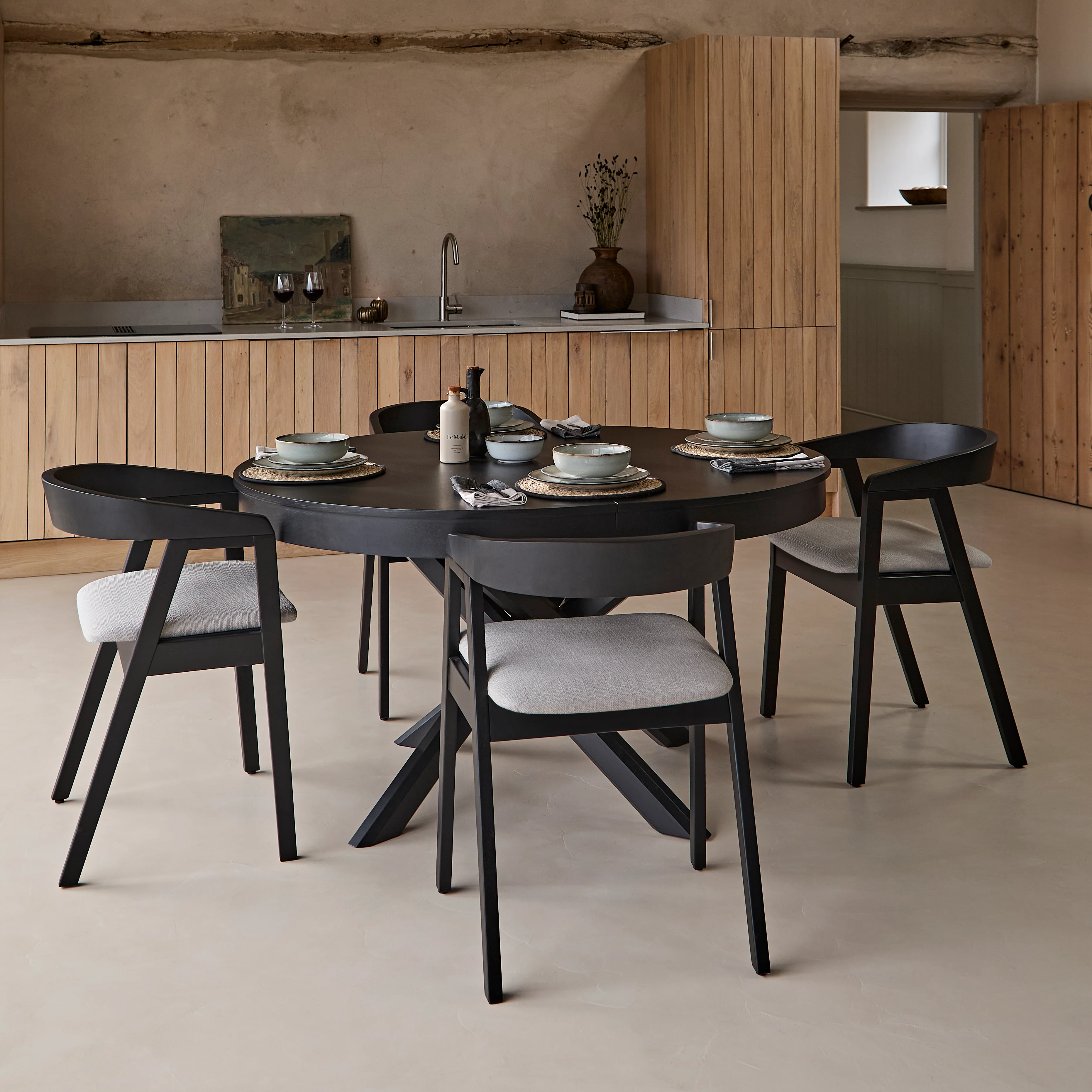 Amelia Black Oak Oval Extending Dining Table Set - 4 Seater - Ella Black Oak Carver Chairs - Fawn Linen