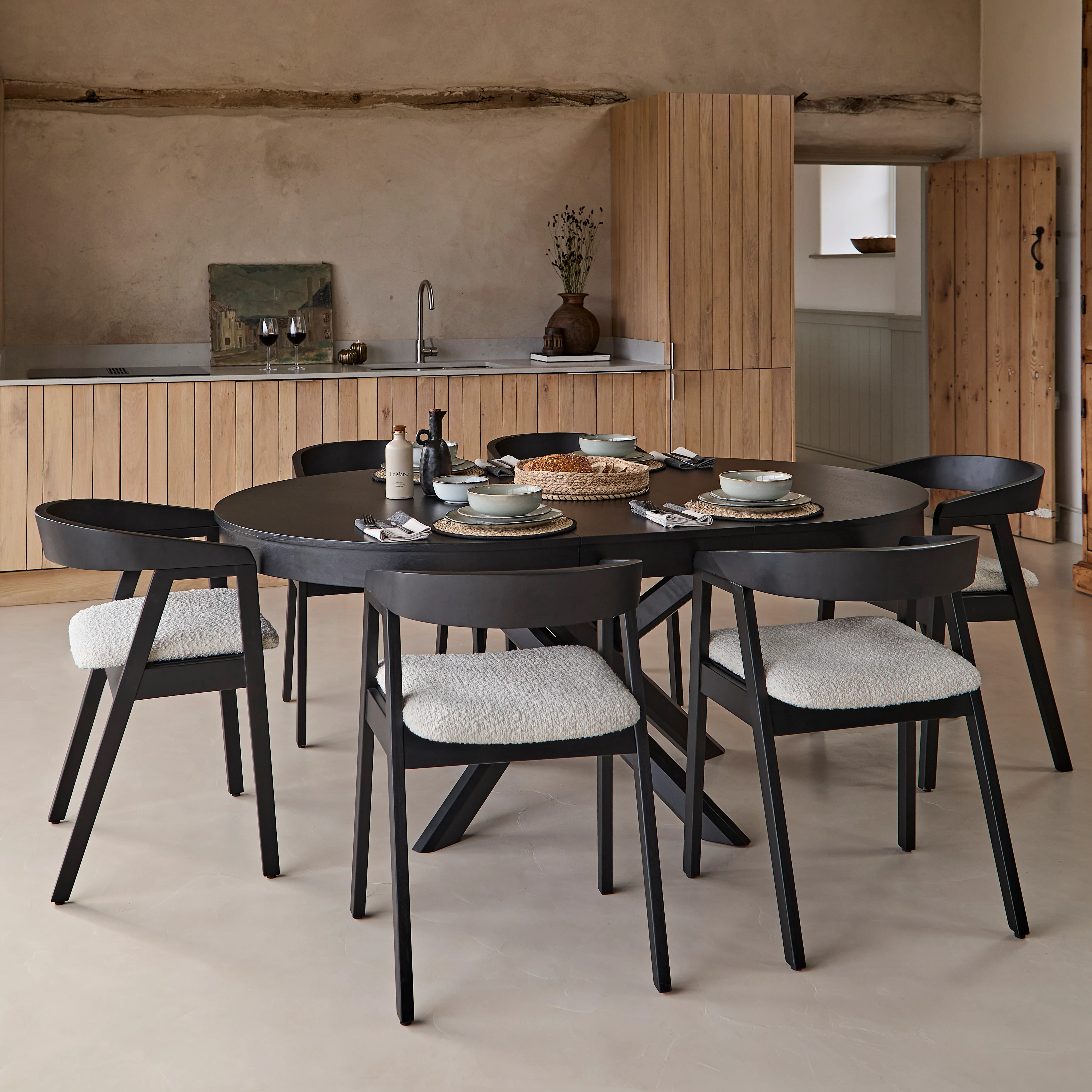 Amelia Black Oak Oval Extending Dining Table Set - 4 Seater - Ella Black Oak Carver Chairs - Off White Boucle - Image 8