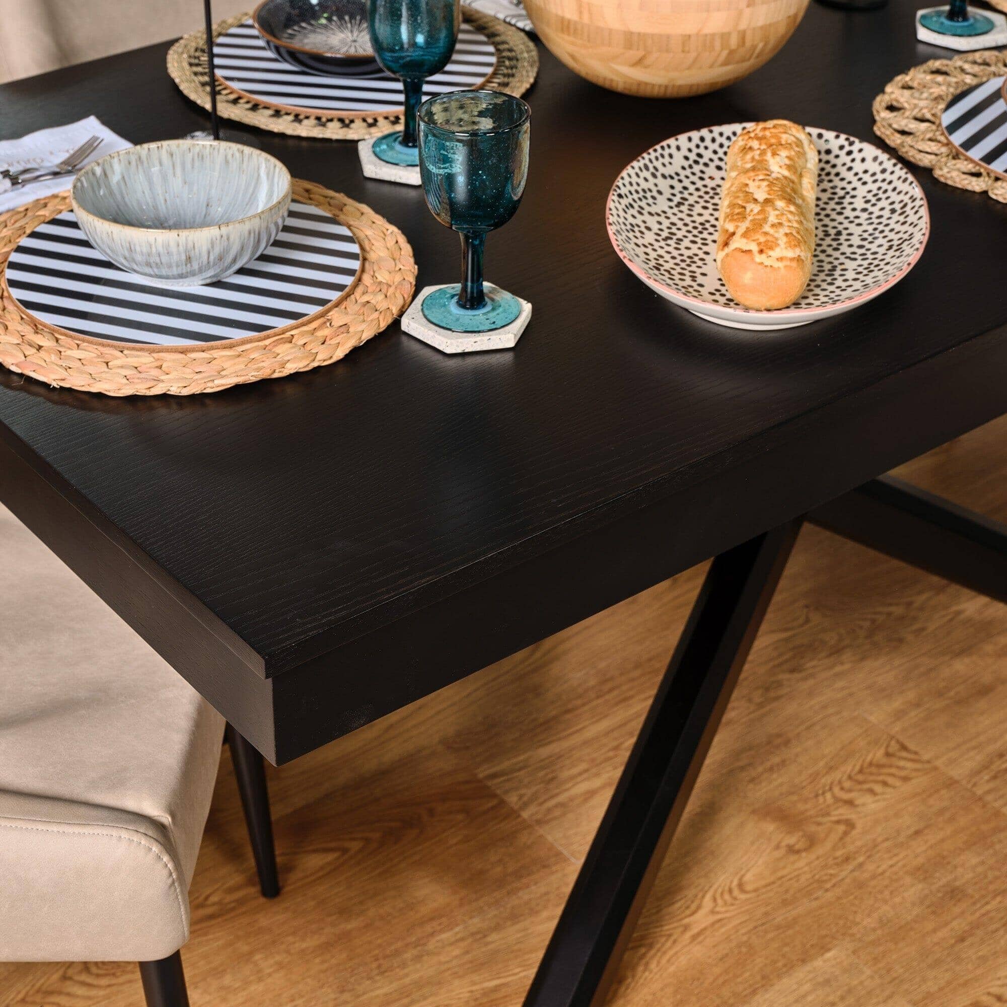 Amelia Black Extendable Dining Table Set - 6 Seater - Freya Grey Dining Chairs - Black Legs - Image 5