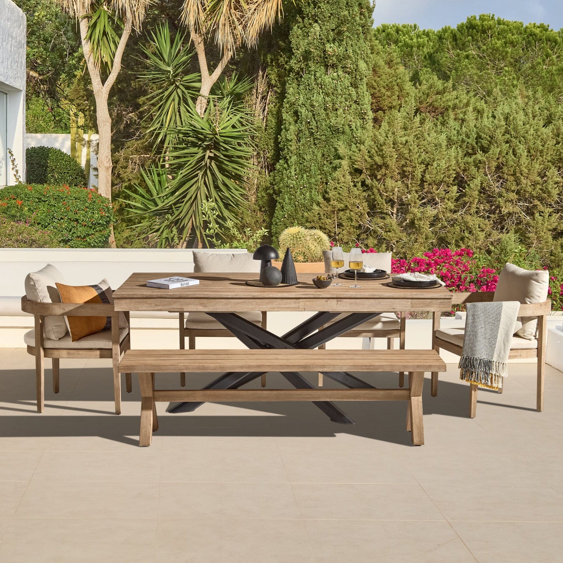 Amelia 6 Seater Wooden Garden Dining Set with 4 Imani Chairs & Charlotte Bench - Light Brushed Acacia with Black Legs