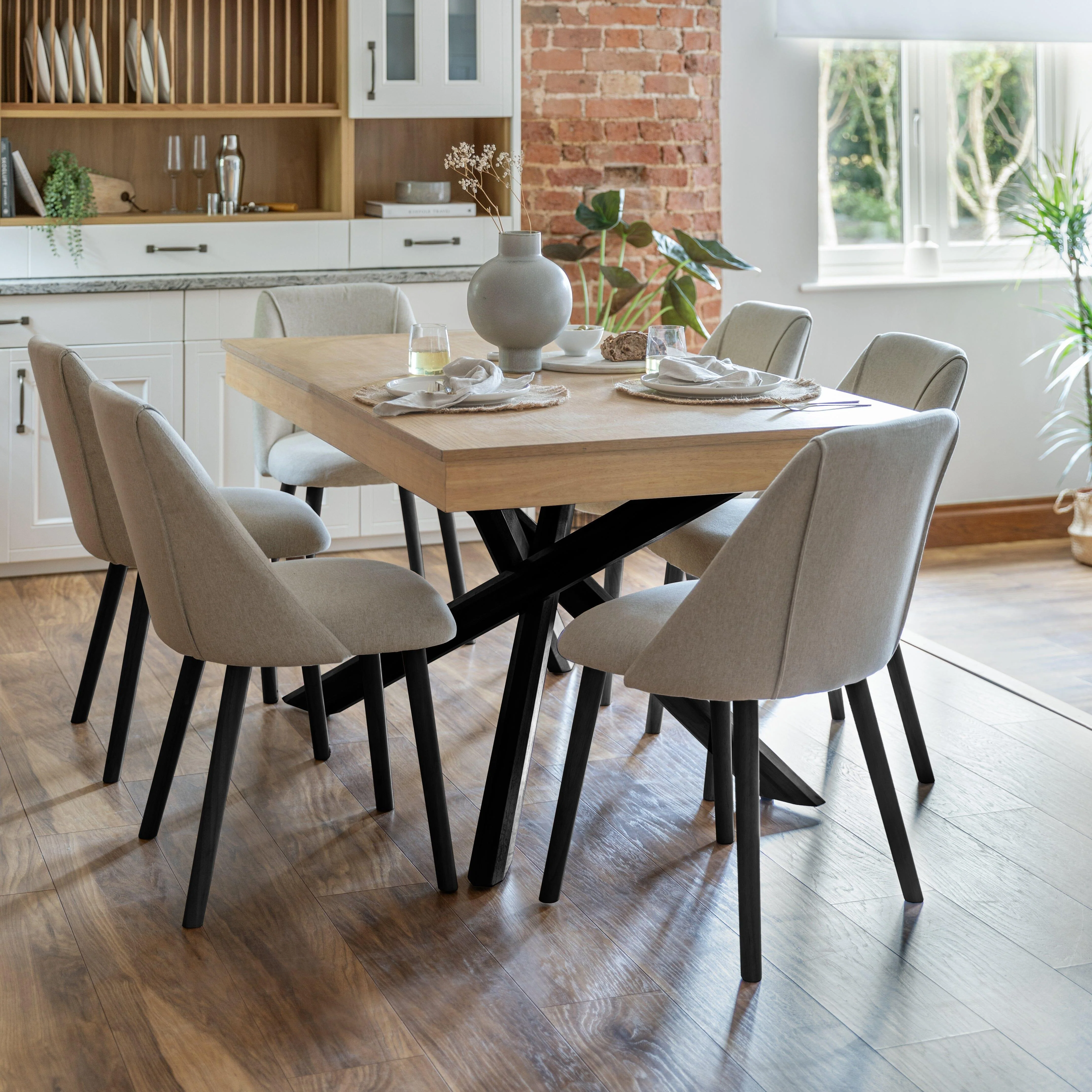 Amelia Whitewash Dining Table Set - 6 Seater - Freya Sand Dining Chairs - Black Legs