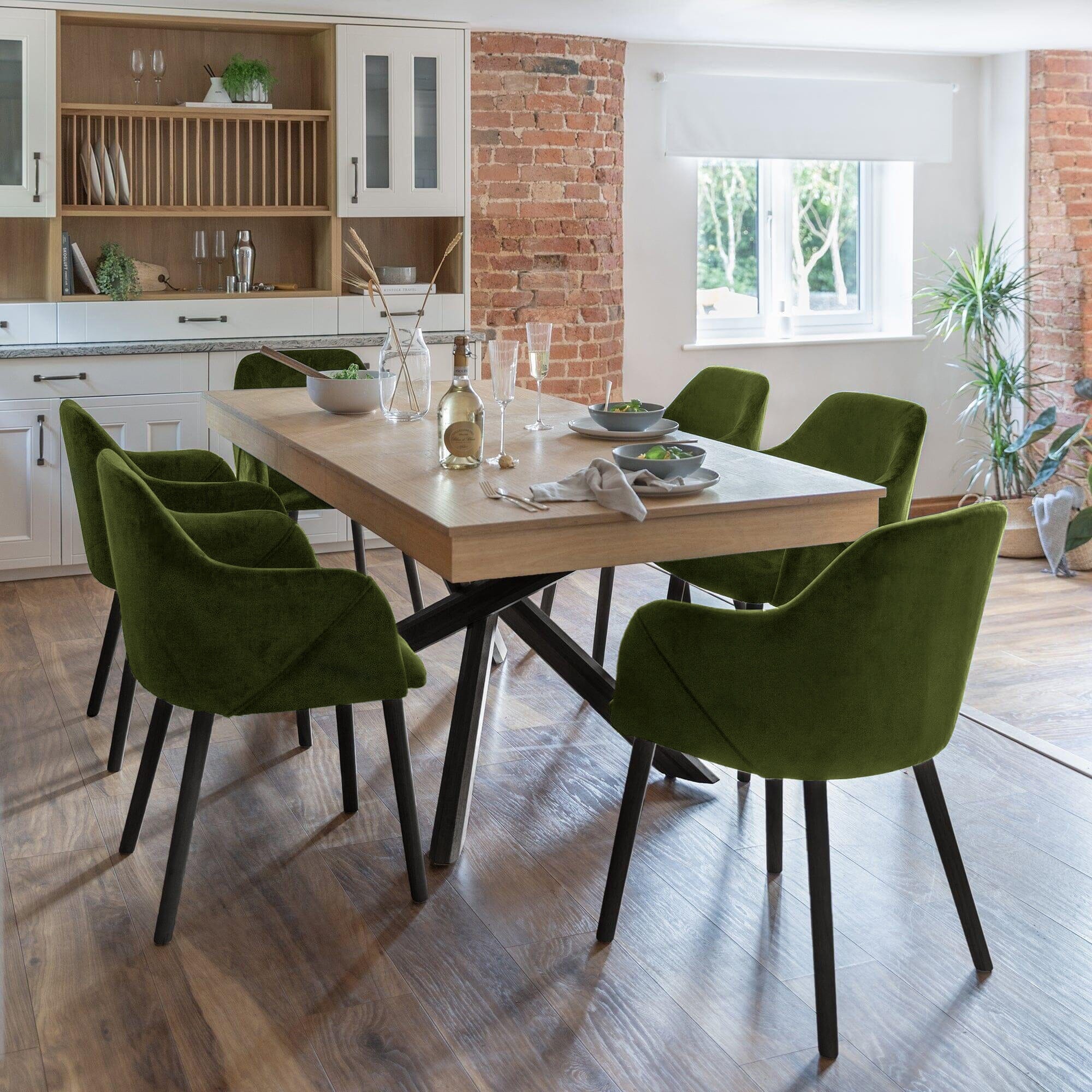 Amelia Whitewash Extendable Dining Table Set - 6 Seater - Freya Fern Green Carver Chairs - Black Legs