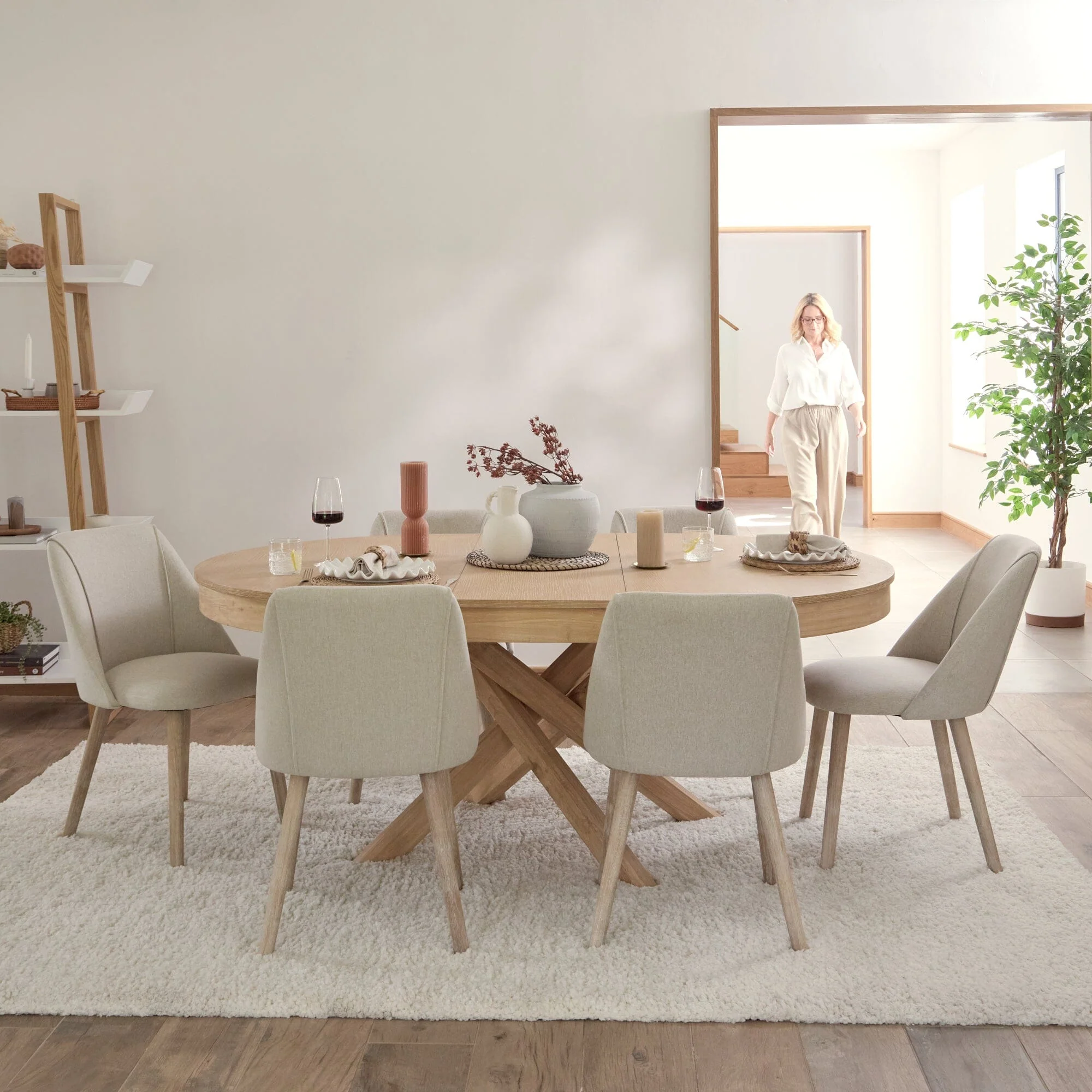 Amelia Whitewash Oval Extending Dining Table Set - 6 Seater - Freya Sand Dining Chairs - Whitewash Oak Legs - Image 4