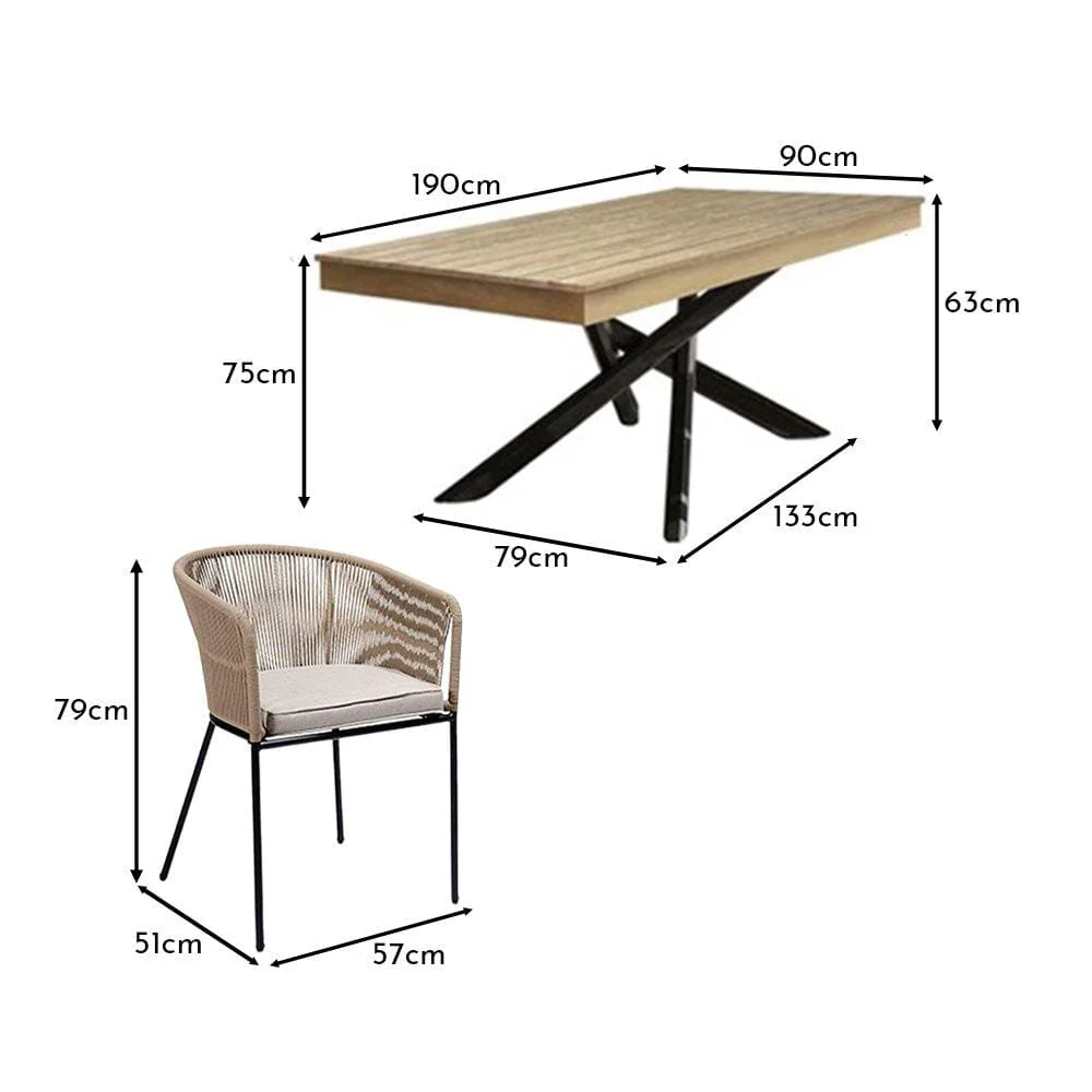 Amelia 6 Seater Wooden Garden Dining Set with 6 Hali Natural Chairs - Light Brushed Acacia with Black Legs - Image 12