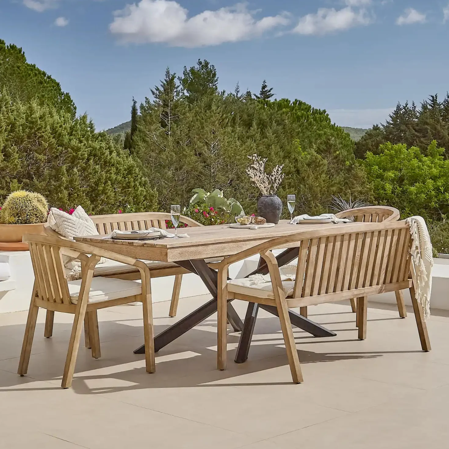 Amelia 6 Seater Wooden Garden Dining Set with 2 Shiro Chairs & 2 Benches with Cushions