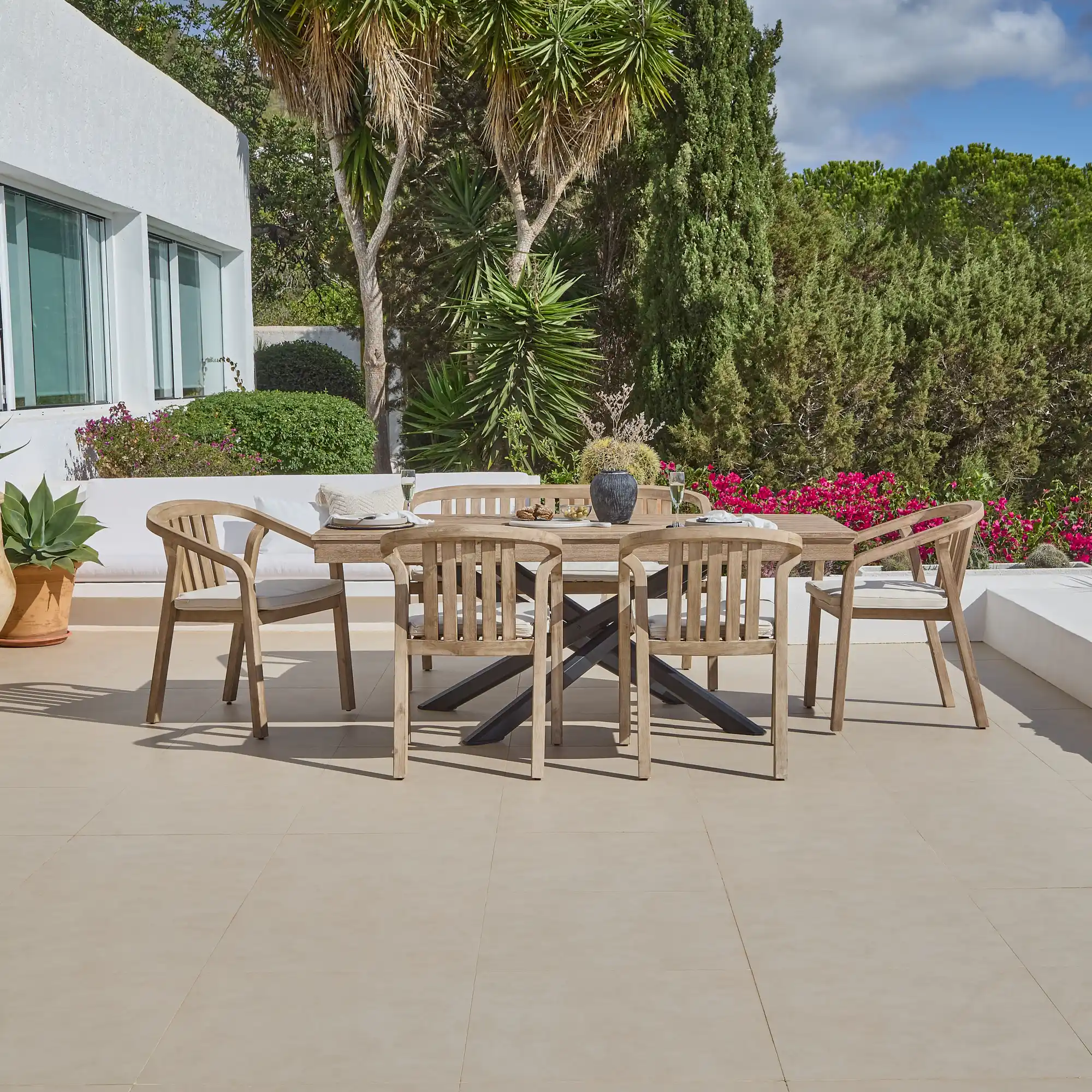Amelia 6 Seater Wooden Garden Dining Set with 2 Shiro Chairs & 2 Benches with Cushions - Image 2