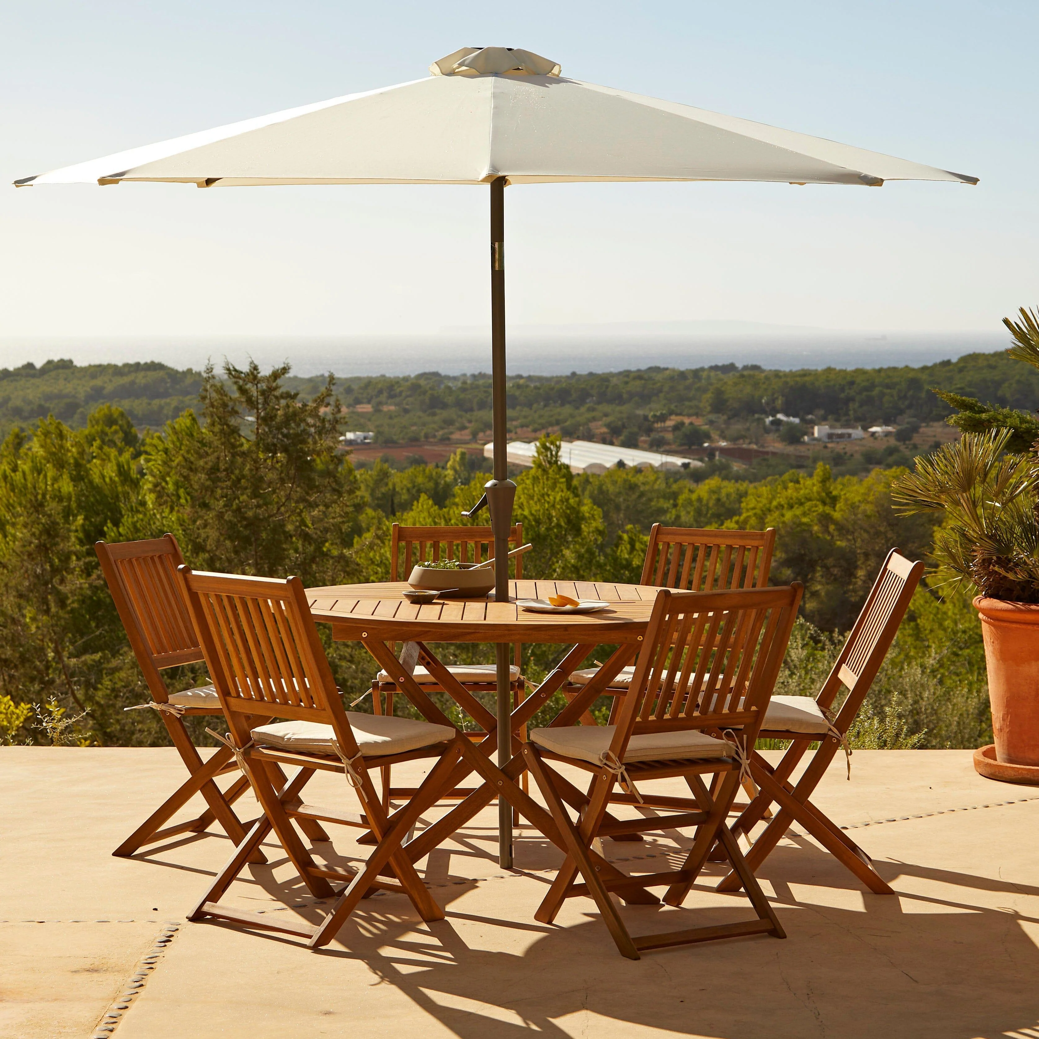 Ashby 6 Seater Round Wooden Garden Dining Set & Cream Parasol - 130cm