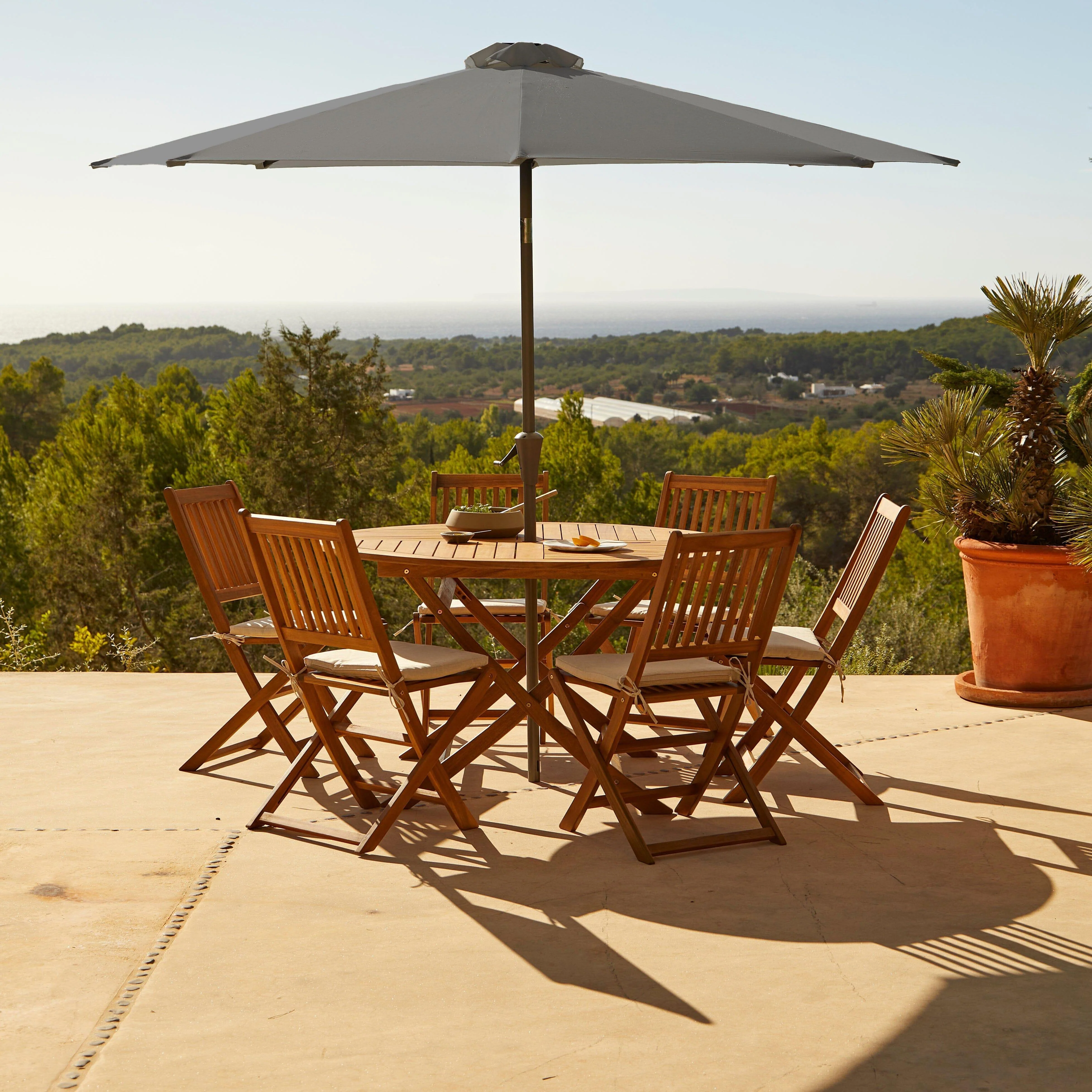 Ashby 6 Seater Wooden Round Garden Dining Set with Grey Parasol - 130cm