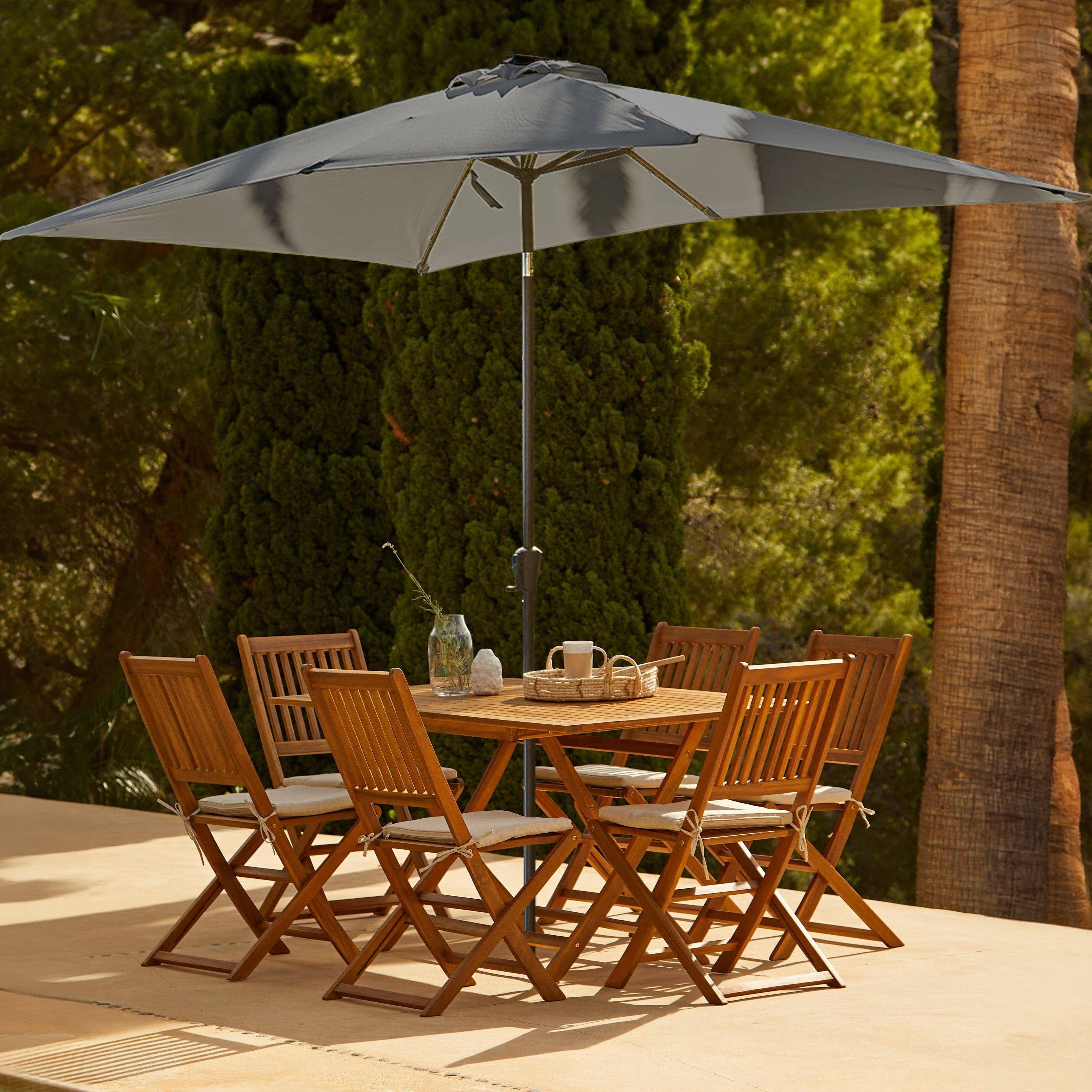 Ashby 6 Seater Wooden Rectangular Garden Dining Set with Grey LED Premium Parasol - 150cm