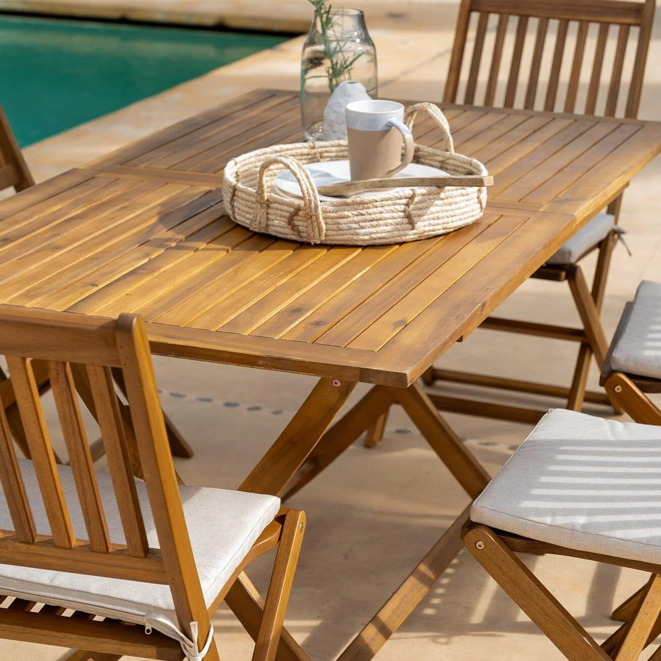Ashby 6 Seater Wooden Rectangular Garden Dining Set with Grey LED Premium Parasol - 150cm - Image 6