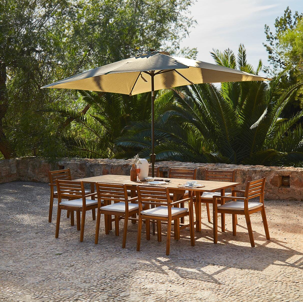 Aspen 8 Seater Wooden Garden Dining Set with Cushions & Cream Parasol - 160cm to 240cm