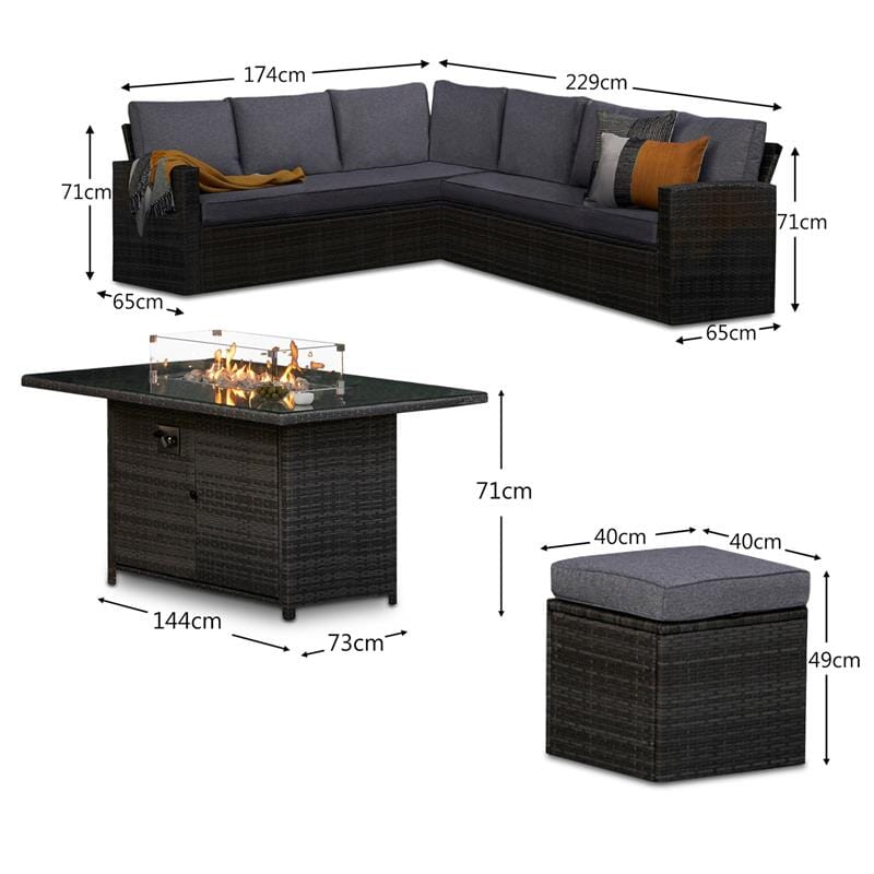 Aston 9 Seater Rattan Garden Corner Sofa Set with Fire Pit - Grey Weave - Image 20
