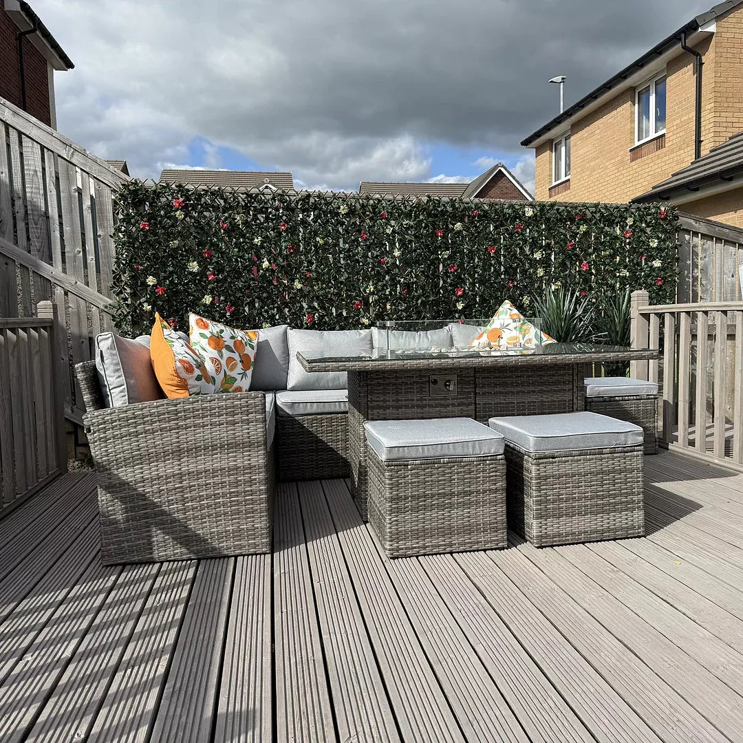 Aston 9 Seater Rattan Garden Corner Sofa Set with Fire Pit - Grey Weave - Image 5